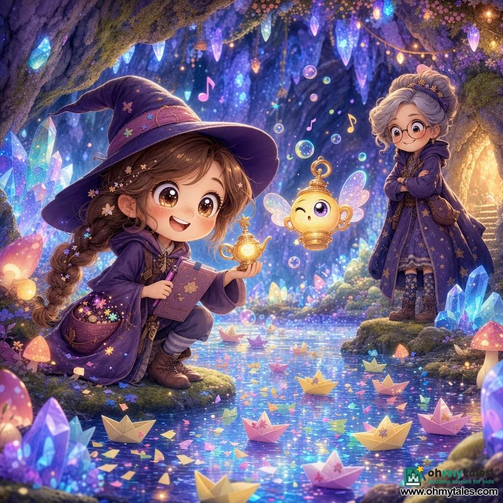 A joyful young apprentice witch, about 9, round face with freckles, brown braided hair with glitter and a slightly crooked pointed hat, eyes wide and mischievous, holding a small flashing magic lamp and a notebook; a small living lamp companion (Glowy), chibi lamp with a winking eye and tiny light wings, floats by her pocket shooting colorful sparks; the witch mentor, a kindly woman about 45 with grey hair in a bun and starry socks, stands at the cave entrance smiling with pride; the scene is a luminous cave lined with blue and green crystals, soft moss floor, a mirrored pool reflecting hundreds of tiny reflections, strings of glowing mushrooms and twinkling stalactites; the apprentice has accidentally triggered a rain of paper boats and glowing confetti that drift across the pool while musical notes and colored bubbles fill the air; overall pastel luminous colors, soft cuddly textures, golden highlights and purple teals, composition focused on wonder and gentle humor.