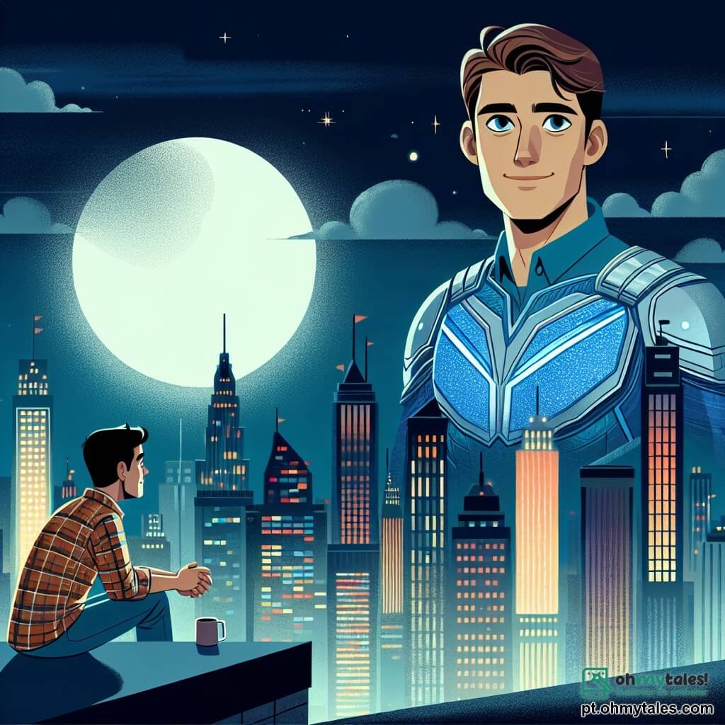 No centro da imagem, um homem chamado Miguel, o super-herói Névoa, está em um telhado com vista para a cidade de Metropolis. Ele tem cabelos castanhos e olhos penetrantes, vestindo um traje azul e prateado que brilha sob a luz da lua. Seu rosto expressa uma determinação calma enquanto observa a cidade abaixo, pronto para agir. À sua direita, Lucas, um amigo de Miguel de cerca de 30 anos, está sentado na borda do telhado. Ele tem cabelo curto e uma barba bem aparada, vestindo uma camisa xadrez e jeans. Ele olha para Miguel com admiração, segurando uma xícara de café, compartilhando um momento de cumplicidade. O fundo da imagem mostra um panorama de Metropolis, com arranha-céus iluminados, néons coloridos e uma leve névoa que envolve a cidade, criando uma atmosfera misteriosa e mágica. A cena principal mostra Miguel refletindo sobre seu papel de super-herói, enquanto Lucas conversa com ele, destacando sua amizade e apoio mútuo.