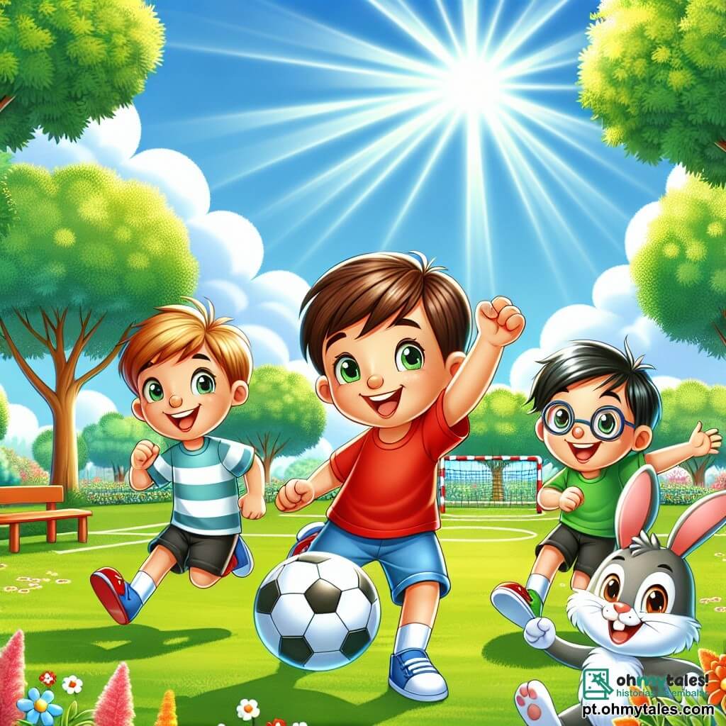 Em um parque ensolarado, três meninos estão jogando futebol. Lucas, um garoto de 8 anos com cabelos castanhos e olhos brilhantes, veste uma camisa vermelha e um short azul, pronto para chutar a bola. À sua direita, Pedro, um menino de 9 anos com cabelos loiros e óculos, sorri levantando os braços, pronto para celebrar um gol. À esquerda, João, um garoto de 7 anos com cabelos negros e uma camiseta verde, corre em direção à bola com um grande sorriso no rosto. O parque é verdejante, com grandes árvores e flores coloridas ao redor do campo. O céu azul claro está acima deles, e o sol brilha, criando uma atmosfera alegre. No primeiro plano, Toto, um coelho mágico com orelhas longas e coloridas, salta feliz segurando um balão de futebol. Os meninos parecem se divertir juntos, mostrando o espírito de equipe e a alegria do jogo.