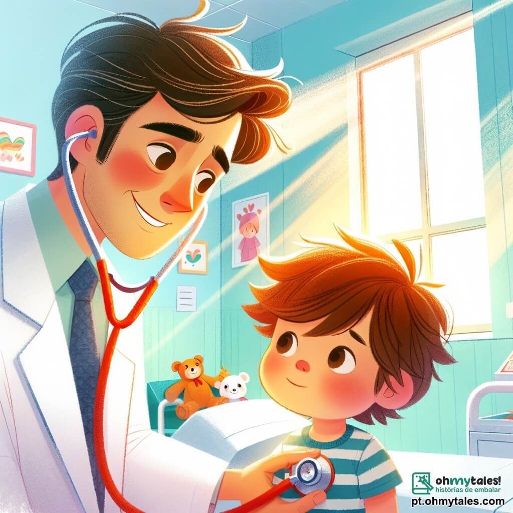 Um médico sorridente, na casa dos trinta anos, usa um jaleco branco brilhante e um estetoscópio ao redor do pescoço. Seus olhos brilham de bondade enquanto escuta o coração de um menino de 5 anos, que tem cabelos castanhos bagunçados e um sorriso tímido, segurando um brinquedo de pelúcia nos braços. Na sala iluminada do hospital, as paredes pintadas de azul claro são decoradas com desenhos de animais alegres. O médico tranquiliza o menino, que parece curioso e um pouco preocupado, enquanto uma janela deixa entrar a luz do sol, criando uma atmosfera acolhedora.