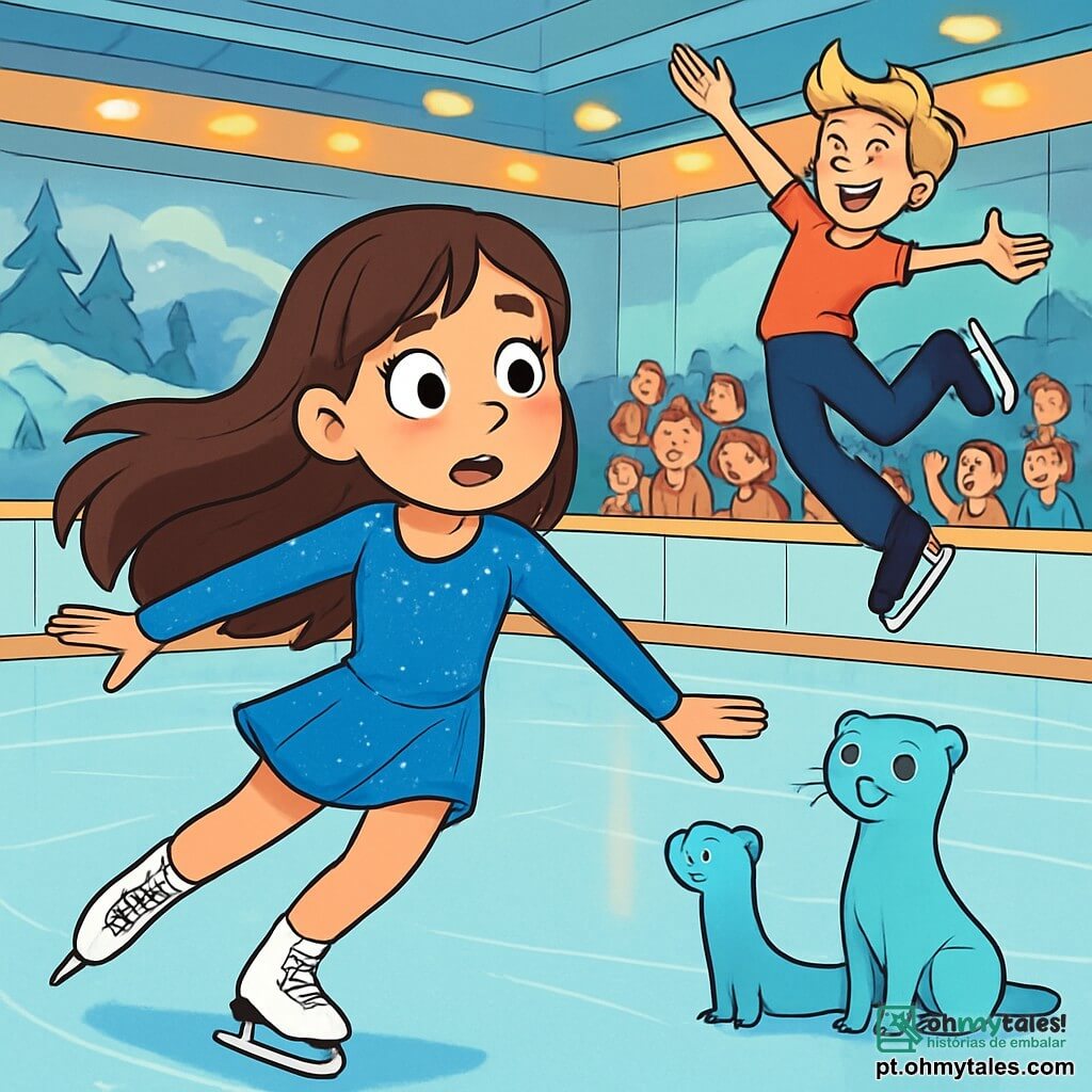Uma menina de 12 anos, Clara, com longos cabelos castanhos e olhos brilhantes de curiosidade, patina em um gelo cintilante, seu rosto expressando tanto excitação quanto uma leve preocupação. Ela usa um traje de patinação azul vibrante, adornado com brilhos que reluzem sob as luzes. Próximo a ela, um garoto de 13 anos, Jonas, com cabelos loiros bagunçados e um sorriso confiante, executa um salto impressionante, chamando a atenção dos outros patinadores. Léo, um pequeno furão mágico de pelos azul claros, está na borda da pista de patinação, observando Clara com um olhar encorajador. A cena acontece em uma patinação interna, com paredes decoradas com murais coloridos de paisagens de inverno e luzes brilhantes iluminando o gelo liso. Espectadores entusiasmados, crianças e pais, preenchem os bancos, aplaudindo e incentivando os patinadores. A situação principal mostra Clara, hesitante mas determinada, prestes a tentar um novo movimento difícil, enquanto Jonas executa piruetas com facilidade, criando um contraste entre sua confiança e a incerteza de Clara.