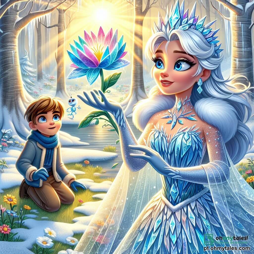 A Rainha da Neve, uma jovem de longos cabelos prateados e olhos azuis gelados, está no centro da cena, com o rosto cheio de admiração e determinação. Ela usa um vestido cintilante feito de cristais de gelo que refletem a luz como estrelas. Suas mãos estão estendidas em direção a uma linda flor que emerge da neve, simbolizando renascimento. Ao seu lado, Kai, um garoto de cerca de 10 anos, com cabelos castanhos e olhos brilhantes, observa a Rainha com admiração. Ele veste um casaco de lã azul e luvas, agachado perto de uma pequena criatura de gelo que desperta, acrescentando um toque de magia à cena. O cenário é uma clareira encantada, cercada por árvores majestosas com troncos prateados e folhas verdes vibrantes, onde a neve derrete lentamente para dar lugar a flores coloridas. Raios de sol passam pelas ramas, iluminando a paisagem com uma suave luz dourada. A cena principal mostra a Rainha da Neve descobrindo a beleza da vida que renasce ao seu redor, enquanto usa sua magia para fazer a terra florescer, simbolizando esperança e transformação em um mundo outrora congelado.