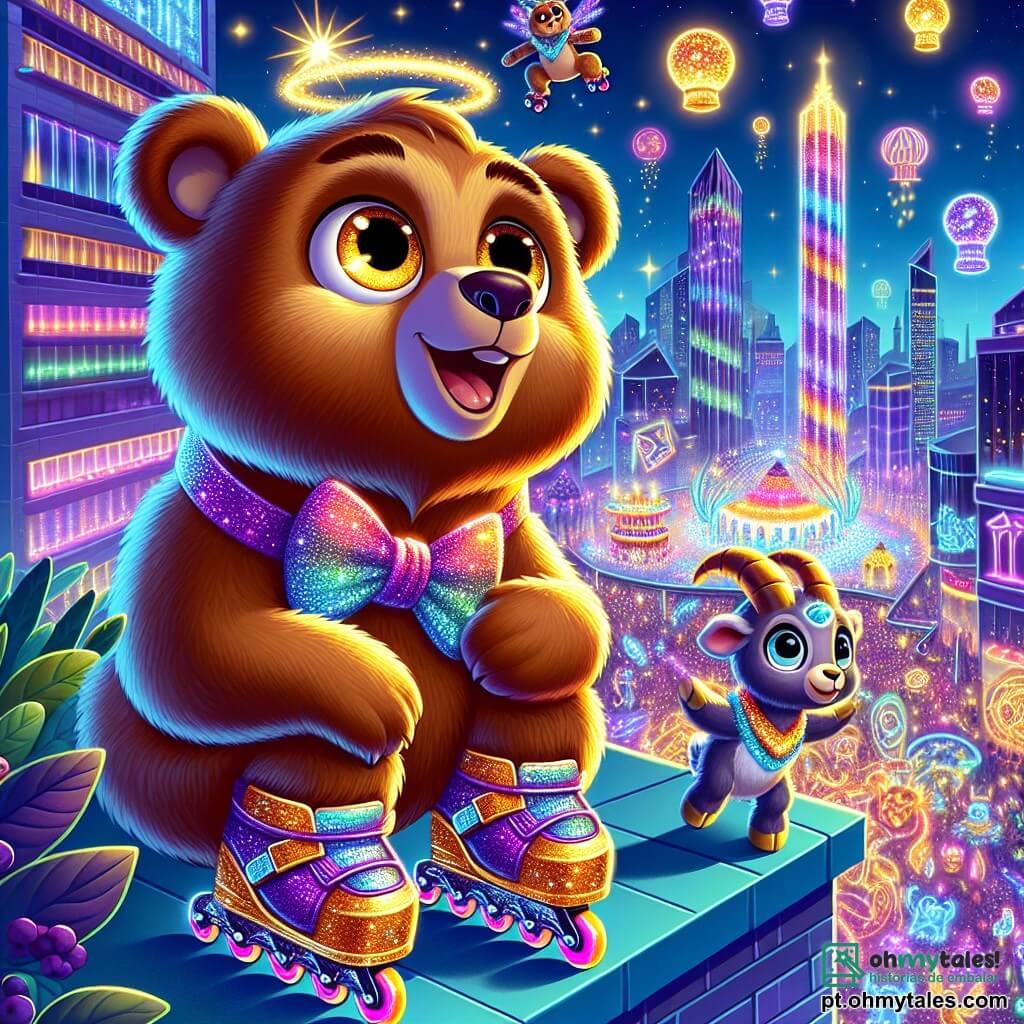 Um urso pardo com pelagem brilhante e sedosa, com olhos dourados cintilantes de curiosidade, está em cima de um telhado, usando patins luminosos que brilham sob os néons. Ele observa maravilhado uma cena mágica, com um sorriso largo iluminando seu rosto. Ao seu lado, um cabrito de três olhos, vestido com uma gravata-borboleta colorida, salta alegremente, suas orelhas pontudas vibrando de excitação, enquanto segura uma xícara de chá flutuante. Ao fundo, a cidade de Lúmenpolis se desenrola, com arranha-céus de fachadas cintilantes, hologramas dançantes e lanternas flutuantes que iluminam a noite. A cena principal mostra o urso e o cabrito observando um festival mágico, onde dragões miniaturas dançam e pombas de pedra cantam, criando uma atmosfera de alegria e encantamento.