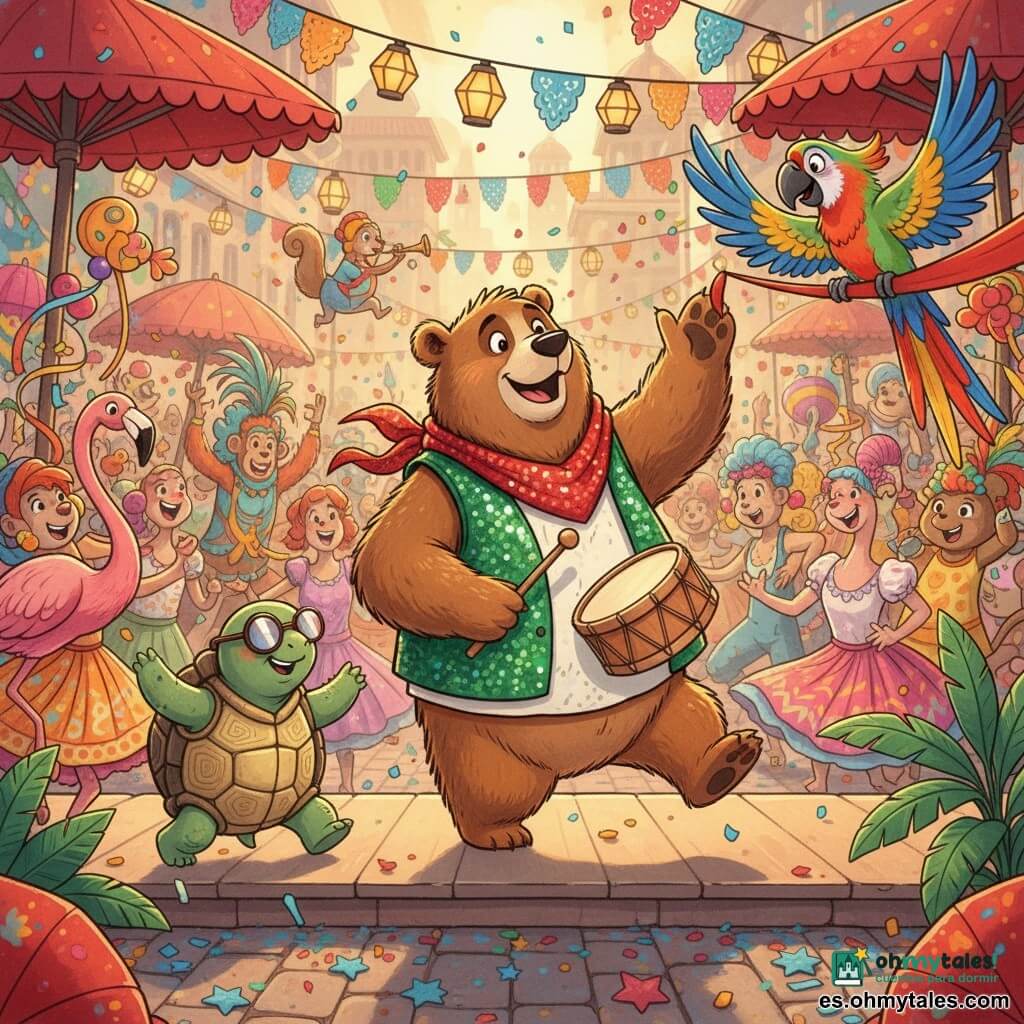 Oso Ocho, un gran oso pardo de pelaje suave, viste un chaleco verde con lentejuelas y un pañuelo rojo; alegre y concentrado, toca un pequeño tambor de madera y hace un paso de baile en el centro de una tarima colorida. A la izquierda, una tortuga redonda con gafas espejo sonríe tímidamente y sigue los pasos levantando una pata; a la derecha, un loro de plumaje arcoíris aplaude inclinando la cabeza sobre una banderola roja. Al fondo, una multitud de animales disfrazados (flamencos con faldas, monos con pelucas, ardillas con trompetas) ríe y baila entre confeti y serpentinas. La plaza empedrada está iluminada por faroles colgantes, carrozas decoradas y sombrillas rojas; el suelo salpicado de estrellas de papel azul. Situación: Oso Ocho dirige una sencilla coreografía de cuatro tiempos para el carnaval, la multitud lo imita entre risas y movimientos de cintas, con una atmósfera festiva y luz dorada de tarde. Estilo: tinta colorida, trazos nítidos, textura de papel, colores saturados, detalles de tela, lentejuelas y confeti visibles.