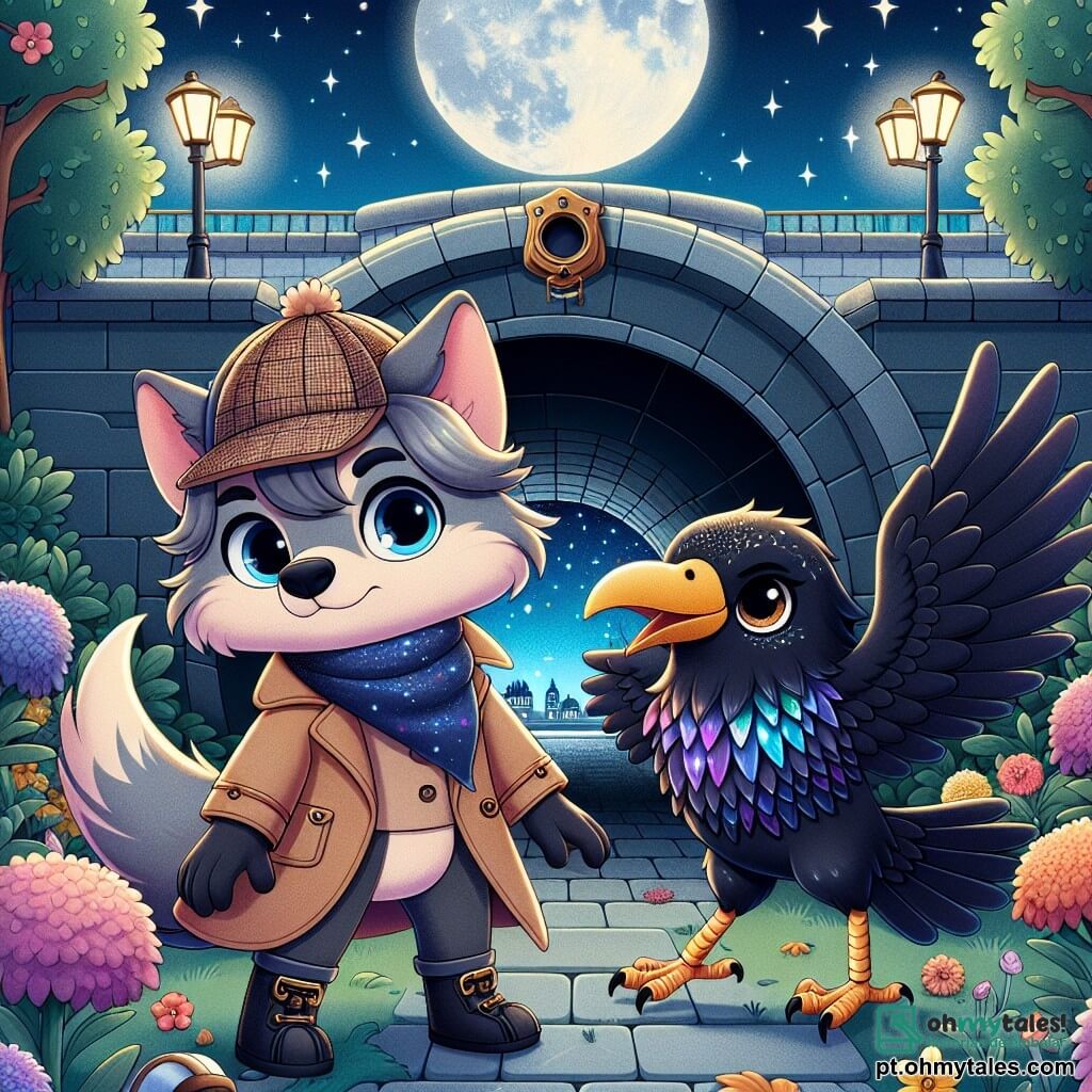 Léo, um pequeno lobo detetive com pelagem suave e sedosa, usa um chapéu de detetive com um pompom. Ele exibe uma expressão determinada, com os olhos brilhando de excitação, enquanto está diante de uma entrada de túnel misterioso, iluminada pela luz da lua. Ao lado dele, Olívia, uma corvo com penas brilhantes e grandes olhos curiosos, bate as asas com entusiasmo, pronta para se aventurar no desconhecido. Ela tem um sorriso encorajador, olhando para Léo com admiração. O local é um parque urbano encantado, onde flores coloridas crescem ao redor da entrada do túnel, enquanto estrelas cintilam no céu noturno. Sombras dançam nas paredes do túnel, criando uma atmosfera mágica e intrigante. A cena principal mostra Léo e Olívia se preparando para entrar no túnel misterioso, determinados a resolver o mistério dos gnomos desaparecidos, com uma aura de aventura e magia ao seu redor.