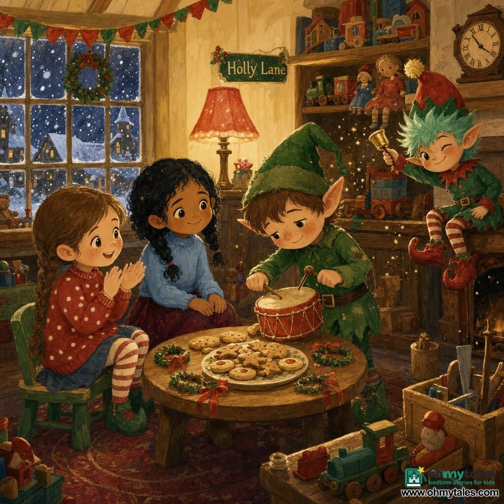 Four characters in a warm toy workshop on Holly Lane: Pip, a shy five-year-old elf boy with pale freckled skin, short brown hair and a worn green outfit, stands center slightly leaning forward tapping a small red drum; Sprig, a mischievous tiny elf the size of a large cat with round face, mint-spiked hair, red-and-green pompom hat and shiny pointed shoes, perches on a right-hand shelf winking and shaking a small golden bell that sprinkles gold dust; Mia, six, with light brown braided hair, a red polka-dot sweater and striped tights, sits left of the circle smiling and softly clapping while holding a plate of cookies; Noor, six, with black curly hair in two braids, a pale blue sweater and velvet skirt, sits beside Mia with hands on her knees encouraging Pip. Interior: cream-painted wooden walls, a large paned window showing falling snow, shelves of wooden dolls, toy trains, toolboxes, paper garlands and an old clock on the mantle, warm golden lamp light. Scene: a circle of cookies and small ribbon crowns on a low table, Pip timidly playing a drum as Mia and Noor applaud and Sprig’s bell scatters golden sparks; magical gouache feel with visible brush textures, warm red, green and gold tones and soft contrasts.