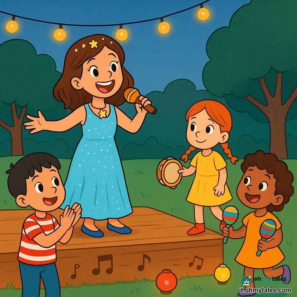 Una cantante sorridente e radiosa, capelli castani medi con una corona di piccole stelle, occhi luminosi, vestito azzurro glitterato e collana a stella, con un microfono dorato in mano e postura aperta; alla sua destra una bimba di 7 anni con trecce rosso acceso e vestito giallo sale timidamente sul palco con un piccolo tamburello; davanti, in prima fila, un bimbo di 6 anni con capelli corti neri e maglietta a righe rosse e bianche batte le mani a ritmo; accanto a lui una bimba di 5 anni con capelli ricci castani salta di gioia con maracas colorate. Il luogo è un parco all'inizio della sera con prato verde, alberi sullo sfondo, ghirlande luminose sospese, lanterne colorate a terra e un piccolo palco di legno decorato con note musicali. Scena principale: concerto gioioso all'aperto, la cantante canta una canzone luminosa mentre i bambini la raggiungono cantando e ridendo, luci calde e colori vivaci. Stile grafico: linee nette, colori saturi e contrastati, texture morbide, espressioni esagerate e amichevoli, composizione centrale e facilmente leggibile per un bambino di 6 anni.