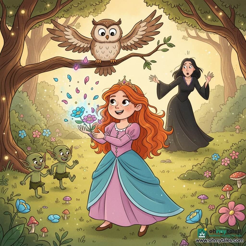 A young teenage princess with flaming red curly hair, a round freckled face and a brave joyful expression holds glowing blue and pink flowers and appears to toss sparkling petals skyward; Oliver the owl, an old wise brown-and-white male with big round eyes, perches on a branch above watching kindly with half-spread wings; the green goblins Grizzle and Fizzle are small, mischievous but friendly—one making faces, the other jumping to distract the witch—left of the princess in comic motion; the witch Malvina, a tall adult woman in a flowing black dress with dark hair, looks surprised and slightly frightened as she recoils while the flowers' light envelops her; the setting is a secret clearing with soft grass, rows of gem-like glowing flowers, colorful mushrooms, twisted trees and floating fireflies; golden light from the flowers creates sparkling reflections; main scene centered on the princess using magical flowers to drive away the witch’s shadow, warm pastel colors, rounded features, soft textures and clear outlines suitable for young children.