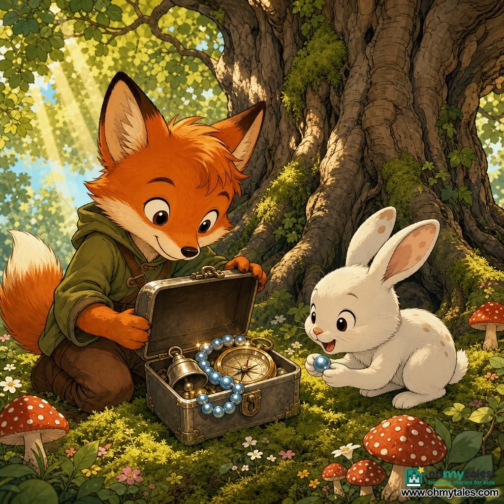 A young anthropomorphic fox with flaming red-gold fur, large readable expressions, an amazed gaze and gentle smile kneels and slowly opens a small metal box on a mossy carpet; a small white bunny with soft slightly spotted ears, round bright eyes and an impatient yet joyful posture crouches to the right, holding a blue bead and looking at the box; the wooded clearing under an ancient oak with a thick fissured trunk, tangled roots, textured green leaves and thin golden sunbeams has a mossy floor dotted with small flowers and red mushrooms with white spots; the open box reveals a blue pearl bracelet, a small silver bell and an old shiny brass compass—soft mood, warm colors, emphasis on shiny details and natural textures.