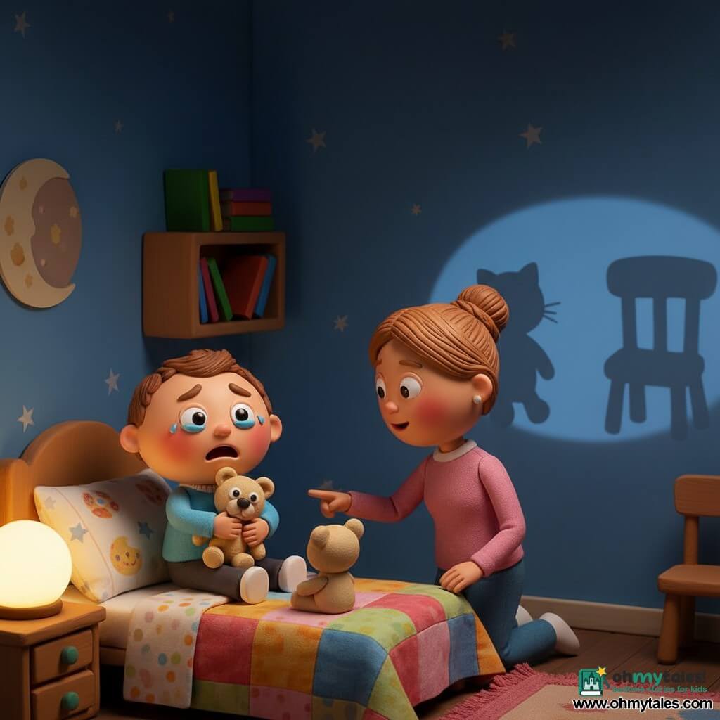 A 2-year-old boy with a round face, rosy cheeks and large moist eyes, initially fearful then reassured, holds a beige teddy close while sitting on a bed with colorful covers; his mother (about 30, chestnut hair in a bun) kneels to his right, smiling gently and pointing at shadows—a cat-shaped shadow and a chair shadow—comforting him. A small teddy with felt eyes sits on the bed as if listening. A warm round nightlight on the left bedside table casts soft long shadows. The small, cozy room has midnight-blue walls with painted stars, a paper moon, a wooden shelf with colorful books and a wooden chair in the background. The mood is tranquil and soothing with warm colors around the bed and soft blues elsewhere. Visual style: clay-model look with molded textures, visible seams, soft lighting, rounded compositions and simple shapes.