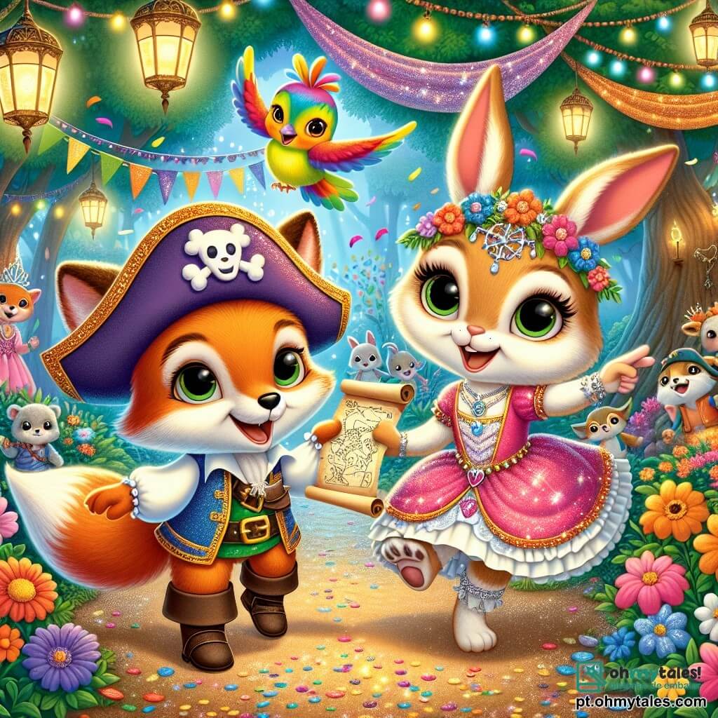 Félix, um pequeno raposo de pelos ruivos e olhos curiosos, veste um traje de pirata feito de tecido colorido com um chapéu adornado por uma pena. Ele sorri entusiasticamente, segurando um mapa do tesouro com as patas dianteiras, pronto para a aventura. Ao seu lado, Clara, uma coelhinha vaidosa com grandes orelhas e pelagem branca, usa um lindo vestido de princesa brilhante, seu rosto radiante de alegria enquanto aponta para o caminho a seguir. Pipo, um pássaro de penas multicoloridas, voa alegremente acima deles, cantando de forma travessa, seus olhos brilhando de excitação. A cena ocorre em uma floresta encantada, onde as árvores estão decoradas com guirlandas coloridas e lanternas cintilantes, enquanto flores vibrantes adicionam um toque de magia ao ambiente. Ao longe, animais dançam e se divertem, criando uma atmosfera festiva e alegre. A situação principal mostra Félix, Clara e Pipo prontos para buscar um tesouro escondido, cercados pela empolgação do carnaval, com confetes flutuando no ar e risadas ecoando ao redor.