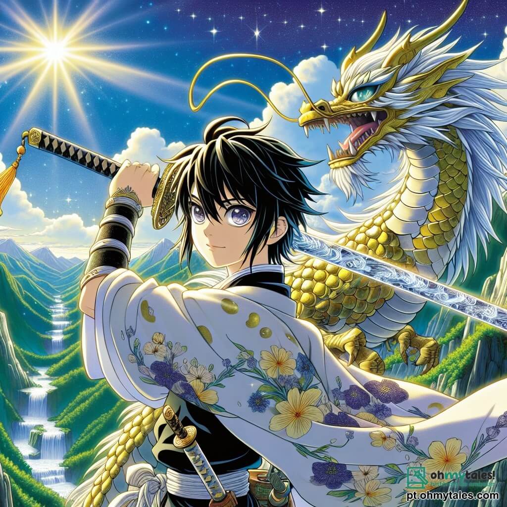 Hiroshi, um jovem com cabelos negros como a noite e olhos brilhantes como estrelas, está no topo de uma montanha majestosa. Seu rosto expressa determinação, enquanto ele empunha a magnífica Espada de Kusanagi, uma espada com reflexos prateados que brilham ao sol. Ele veste uma armadura leve decorada com padrões florais, simbolizando a natureza e a liberdade. Ao seu lado, um dragão majestoso com escamas douradas e olhos sábios observa Hiroshi com orgulho, adotando uma postura protetora. Ao fundo, o céu azul brilhante está salpicado de nuvens brancas, com vales verdejantes e cachoeiras cintilantes. Hiroshi, com a força da lenda, se prepara para enfrentar seu destino, empunhando sua espada com coragem, pronto para partir em uma aventura para proteger seu mundo.