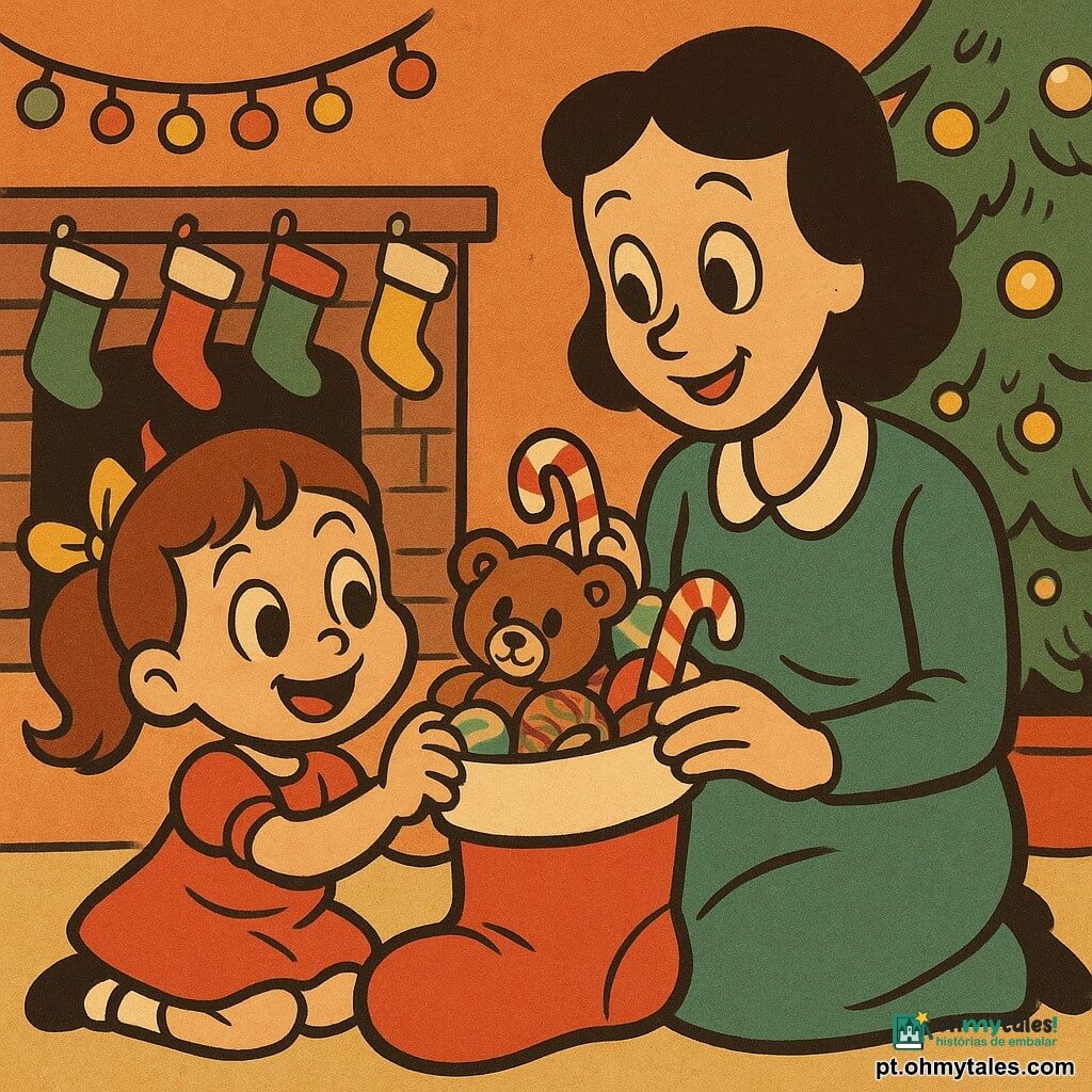 Inès, uma menina de 4 anos, está radiante de alegria, com grandes olhos curiosos e um sorriso brilhante. Ela está enchendo uma grande meia de Natal vermelha com brinquedos e doces. Sua mãe, uma mulher de trinta e poucos anos, está ao lado dela, sorridente e atenciosa, ajudando Inès a escolher os presentes. Elas estão em uma sala aconchegante, decorada com guirlandas luminosas e uma árvore de Natal cintilante. A lareira ao fundo está adornada com meias coloridas penduradas, prontas para serem preenchidas com surpresas. O ambiente é festivo e mágico, com cores vivas e detalhes alegres que capturam o espírito do Natal.