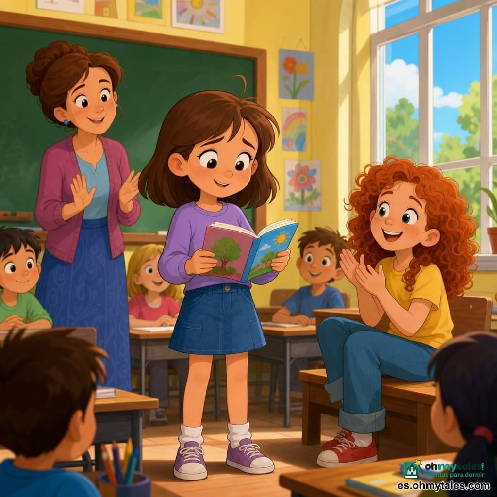 Ana, 8 años, rostro redondo, cabello castaño medio con un mechón rebelde, mirada tímida que se vuelve sonriente y ojos grandes y brillantes, sostiene un pequeño libro colorido abierto y lee de pie ante la clase; a su derecha Sofía, 8 años, cabello rizado y pelirrojo, sonrisa confiada, sentada en un banco junto a la ventana aplaude; la maestra (30–40 años) con cabello castaño en moño, mirada cálida y manos ligeramente alzadas en gesto de ánimo, está detrás de Ana junto al pizarrón; aula luminosa con grandes ventanas, paredes amarillo pastel, carteles del alfabeto y dibujos de niños colgados, pupitres de madera clara y pizarra verde; Ana lee en voz alta con luz suave en el rostro, compañeros desenfocados al fondo que escuchan y sonríen, ambiente cálido y alentador, colores vivos y trazos redondeados estilo dibujo animado de los años 90.