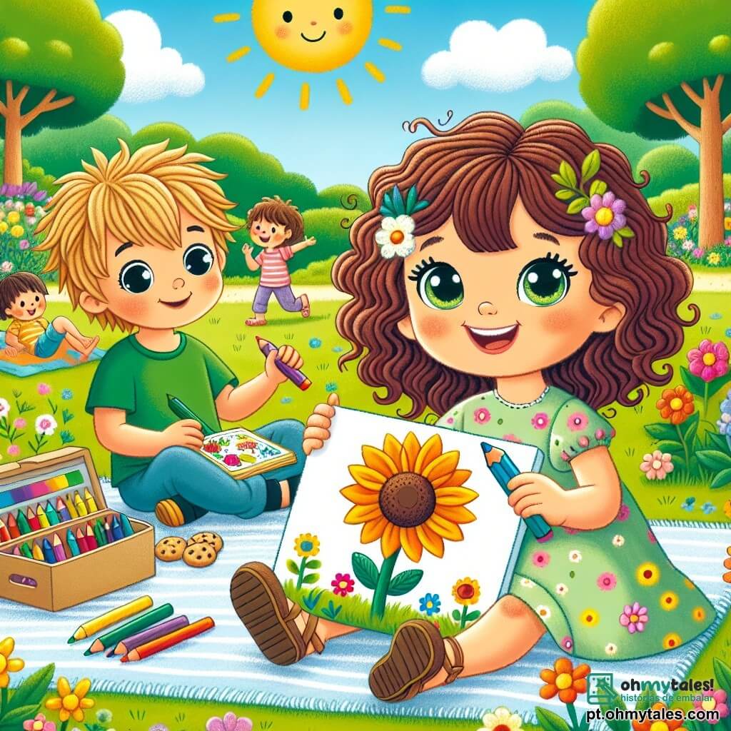 Uma menina de 4 anos, Lila, com grandes olhos brilhantes e cabelos cacheados castanhos, sorri alegremente segurando um desenho colorido de girassol nas mãos. Ela veste um vestido leve de flores e sandálias, sentada na grama verde do parque. Ao seu lado, um menino de 4 anos chamado Tomás, com cabelos castanhos bagunçados e uma camiseta verde, admira o desenho de Lila enquanto segura uma caixa de lápis de cor. O parque está cheio de flores vibrantes, grandes árvores com folhas verdes e um céu azul claro com nuvens brancas. Ao longe, crianças brincam e riem, criando uma atmosfera alegre e ensolarada. A cena principal mostra Lila e Tomás sentados juntos em uma toalha de piquenique, compartilhando lápis e biscoitos, enquanto riem e se divertem desenhando flores e árvores, simbolizando sua nova amizade durante as férias de verão.