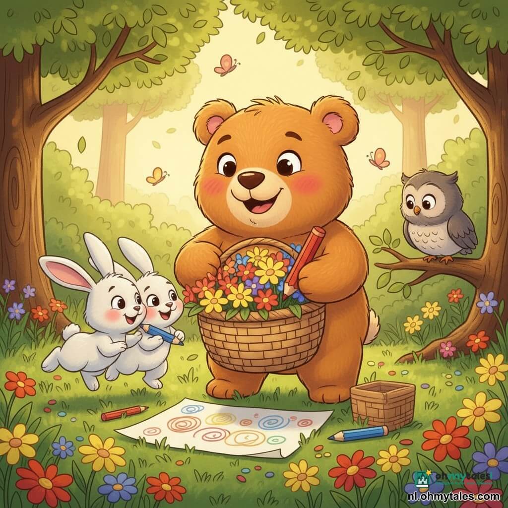 Bertje, een ronde zachte knuffelbeer karamelkleurig met een bruin neusje en een grote glimlach, houdt een gevlochten mand vol bloemen vast en kijkt verwonderd vooruit; links van hem twee witte konijntjes die aan de bloemen snuffelen, rechts een kleine grijze uil op een lage tak die de scène liefkozend bekijkt; de omgeving is een lentebosopen plek met groene grasmat, gele, rode en paarse bloemen, enkele vliegende vlinders en zonnestralen tussen loofbomen; hoofdgebeurtenis: Bertje en zijn vrienden hebben een "schat"-mand met bloemen gevonden, ze lachen, delen en tekenen samen op een groot vel dat op de grond ligt, warme en serene sfeer.