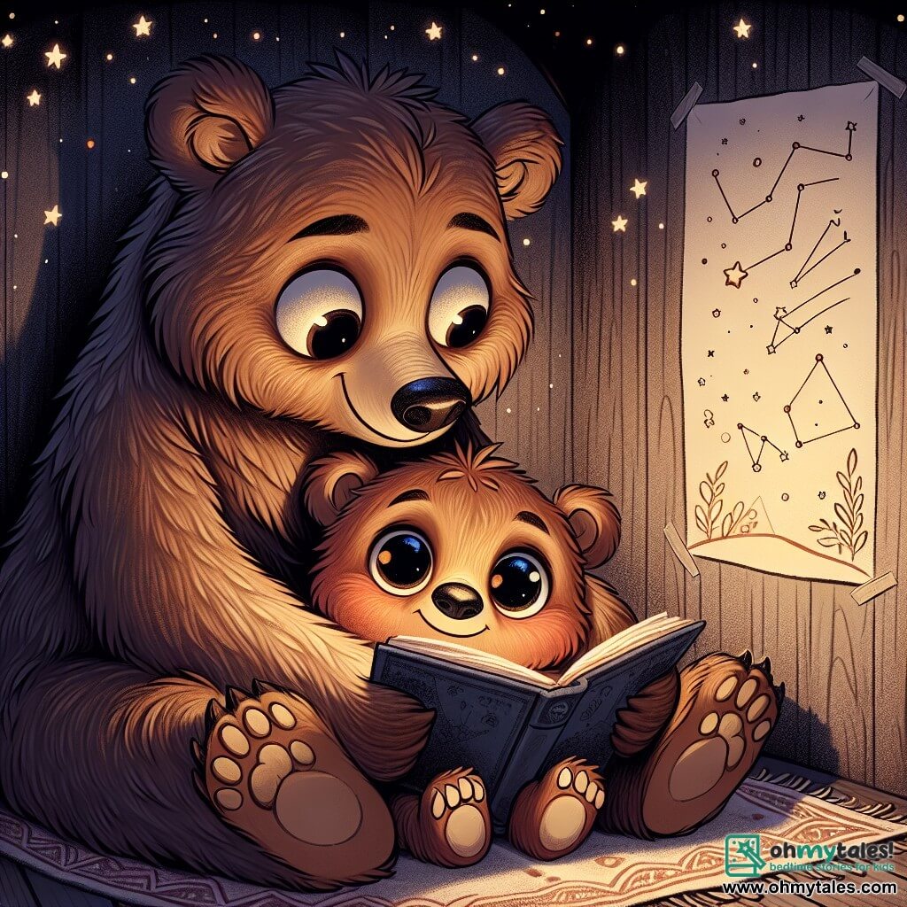 Bobby, a small brown bear with round, bright eyes, is snuggled up against his mother, displaying a mix of fear and curiosity. He has soft, fluffy fur, and his little paws are tucked underneath him. His mother, a large bear with darker fur, is smiling and reassuring, sitting beside him with an open book, her eyes sparkling with affection. The scene takes place in a cozy cave, illuminated by the soft light of a star-shaped nightlight, casting gentle shadows on the walls. Constellation drawings are visible on the cave walls, and a carpet of leaves covers the floor, adding a touch of comfort. In this main scene, Bobby, a bit scared of the darkness, listens attentively as his mother reads him a story, while the star light brightens their little snug corner, transforming the fear of the dark into a moment of tenderness and magic.