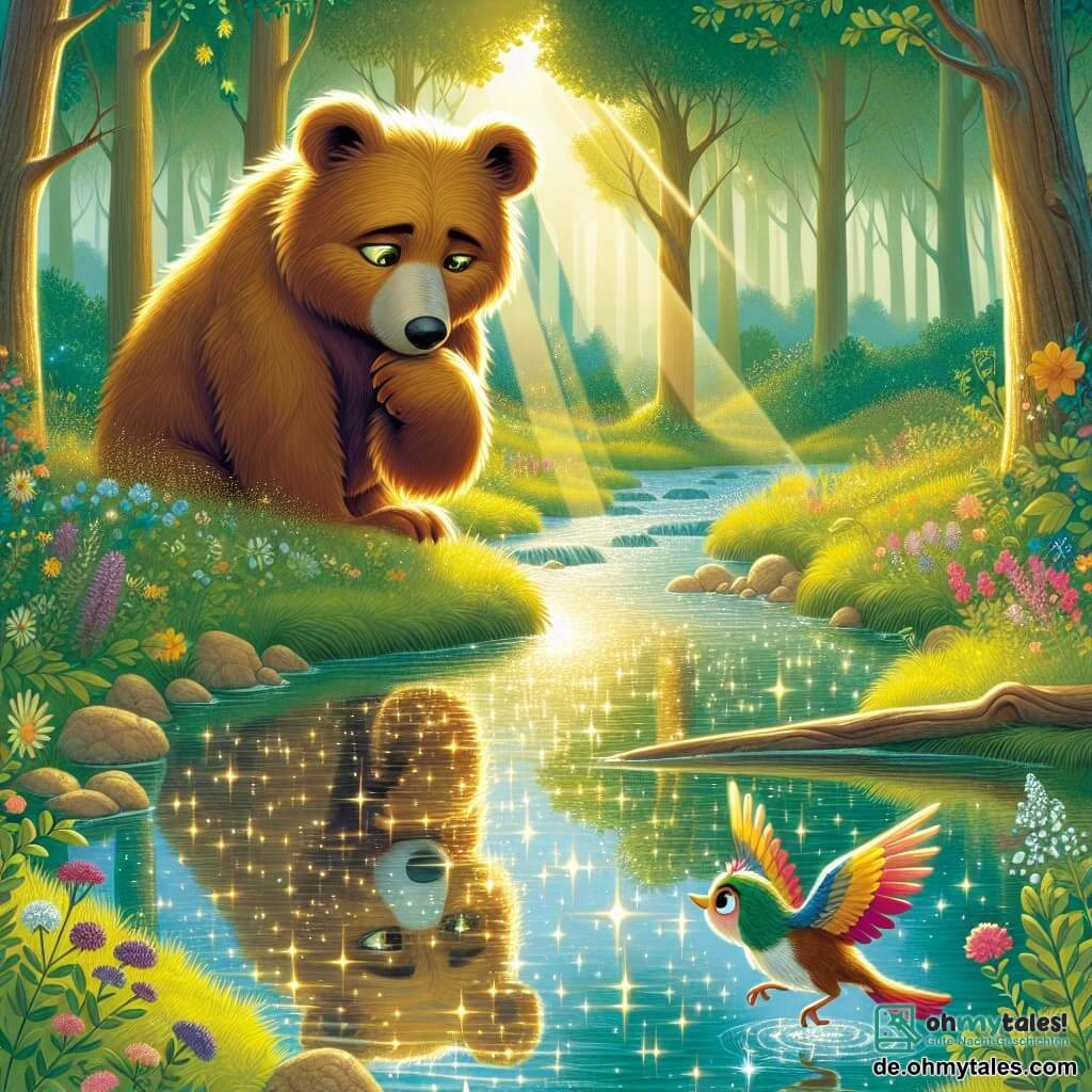 Ein großer Bär mit goldenem Fell und leuchtenden, ausdrucksvollen Augen steht am Rand eines glitzernden Baches und betrachtet nachdenklich sein Spiegelbild im Wasser. Er wirkt sowohl neugierig als auch melancholisch, als suche er Antworten auf seine inneren Fragen. In der Nähe sitzt ein kleiner Vogel mit bunten Federn und funkelnden Augen der Entschlossenheit, bereit zum Abflug. Er sitzt auf einem Ast und schlägt aufgeregt mit den Flügeln, bereit, seine Angst zu überwinden. Die Umgebung ist ein wunderschöner, grüner Wald, in dem die Sonnenstrahlen durch die Blätter filtern und Licht- und Schattenspiele auf den Boden werfen. Bunte Wildblumen schmücken die Landschaft und verleihen der Umgebung einen Hauch von Magie. Die Hauptsituation zeigt den Bären, der sein Spiegelbild im Wasser betrachtet, während der Vogel, inspiriert vom Mut des Bären, sich auf den Weg zu neuen Horizonten macht, was die Suche nach Wahrheit und Freundschaft symbolisiert.