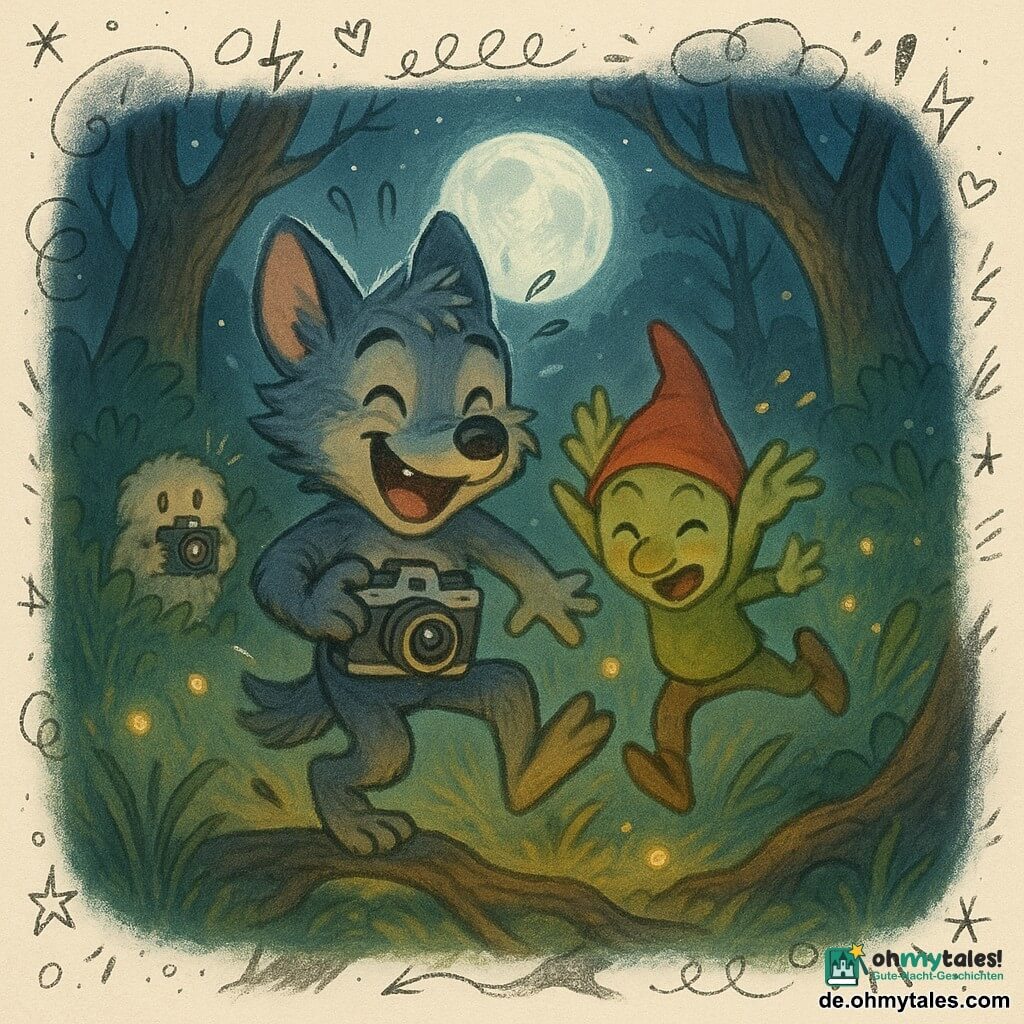 Lupo, ein junger Werwolf mit glänzend grau-blauem Fell, runden großen Ohren und lachenden bernsteinfarbenen Augen, stolpert lachend mit einer alten silbernen Kamera; der schelmische Kobold Knirps mit hellgrüner Haut und roter Zipfelmütze springt neben ihm und winkt mit den Armen, beide stolpern über dieselbe Wurzel, Köpfe geneigt, sichtbar lachend; Fluff, der wollige cremefarbene Waldwächter mit runden schwarzen Augen, steht hinter einem Busch und fotografiert mit einem kleinen Gerät; Szene in einer mondbeschienenen Nachtlichtung mit hohen Gräsern, knorrigen Baumstämmen und orangegelben Glühwürmchen als Lichtpunkte; absichtlich unscharfes, bewegtes Bild, Farbpalette: sanfte Nachttöne (Mitternachtsblau, Grau, Silber) mit warmen Akzenten (Glühwürmchen-Gelb, rote Mütze), deutliche haarige und holzige Texturen, halbnahe Komposition auf Lupo und Knirps, Fluff leicht unscharf im Hintergrund, Glühwürmchen im Vordergrund als helle Tupfen, Platz für kleine Doodles wie Sterne und Lachnoten.