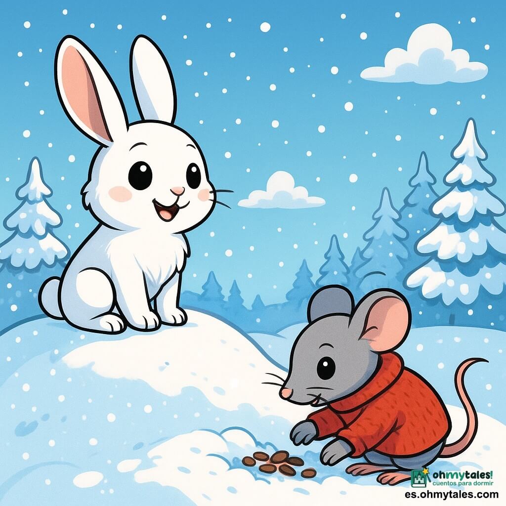 Un pequeño conejo blanco con grandes orejas, pelaje sedoso y ojos brillantes de emoción, se encuentra en la cima de una colina cubierta de nieve brillante. Sonríe, con las mejillas sonrojadas por el frío, y observa el paisaje nevado con asombro. A su lado, un pequeño ratón gris, con un abrigo de lana roja y ojos brillantes de alegría, se dedica a cavar en la nieve para liberar semillas escondidas. Tiene un aire decidido y entusiasta, justo debajo de la colina, listo para ayudarlo. El escenario es un amplio paisaje invernal, con árboles cuyas ramas están cargadas de nieve, un cielo azul claro salpicado de nubes blancas y copos de nieve que caen suavemente. La situación principal muestra al conejo y al ratón descubriendo juntos las maravillas del invierno, con el conejo admirando la belleza de la nieve y el ratón trabajando alegremente para reunir provisiones.