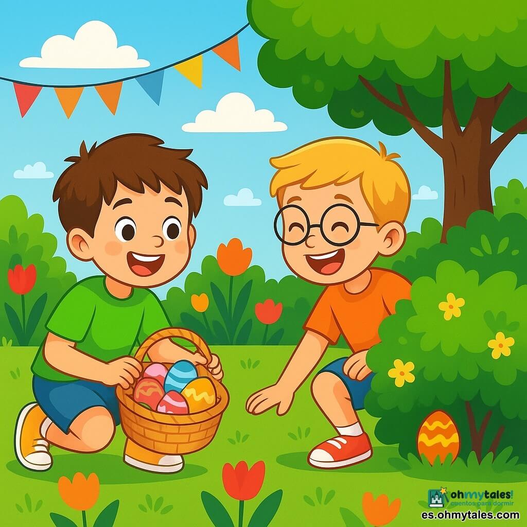 Un niño de 6 años, con el cabello castaño desordenado y ojos llenos de curiosidad, lleva una camiseta verde brillante y zapatillas amarillas. Está agachado en un jardín soleado, con una sonrisa alegre iluminando su rostro mientras sostiene una pequeña caja de mimbre llena de huevos de colores. A su lado, su mejor amigo, un niño de 7 años con cabello rubio y gafas redondas, busca un huevo escondido detrás de un arbusto florecido, riendo de felicidad. El jardín está lleno de tulipanes brillantes, guirnaldas de papel y un gran árbol de hojas verdes, creando una atmósfera festiva y alegre. El cielo es azul con algunas nubes blancas esponjosas, y el sol brilla, proyectando sombras suaves en el suelo. La escena principal muestra a los dos niños en plena búsqueda de huevos de Pascua, descubriendo tesoros escondidos y compartiendo risas, rodeados de la magia de este día soleado.