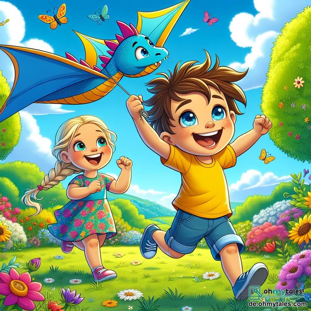 Ein 6-jähriger Junge, Max, mit zerzausten braunen Haaren und strahlenden Augen, rennt in einem sonnigen Garten und hält einen großen blauen Papierdrache, der hoch am Himmel fliegt. Er trägt ein leuchtend gelbes T-Shirt und eine Jeansshorts, und sein Gesicht zeigt immense Aufregung und Freude. Neben ihm ermutigt seine beste Freundin Lena, ein 6-jähriges Mädchen mit geflochtenen blonden Haaren und einem bunten Blumenkleid, ihn, indem sie ihren eigenen rosa Drachen hochhält und begeistert lächelt. Der Garten ist voller leuchtender Blumen in allen Farben, mit Schmetterlingen, die umherfliegen, und üppigen grünen Bäumen im Hintergrund. Der Himmel ist hellblau mit ein paar flauschigen weißen Wolken. In dieser Szene haben Max und Lena Spaß daran, ihre Papierdrachen fliegen zu lassen, lachen und rennen zusammen und genießen die Magie des Frühlings.