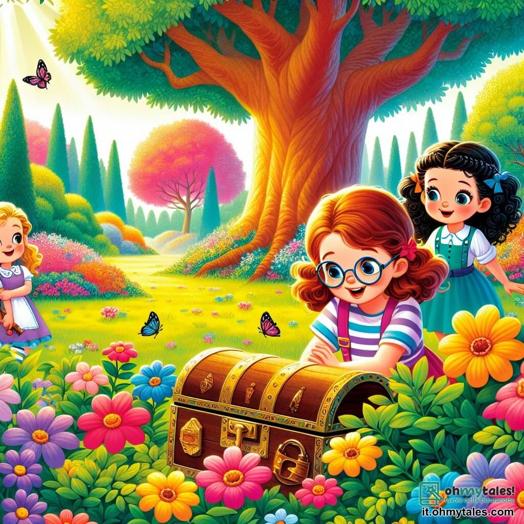 In un parco soleggiato, tre bambine sono riunite. Anna, una ragazza di 8 anni con capelli castani e occhiali rotondi, si china con curiosità verso una vecchia scatola nascosta sotto un cespuglio. Accanto a lei, Bea, una ragazza di 7 anni con capelli biondi e ricci, sorride entusiasta tenendo un pezzo della mappa che hanno trovato. Lia, una ragazza di 8 anni con capelli neri e una treccia, si tiene un po' indietro, con le braccia incrociate, osservando con aria intrigata. Le tre amiche scoprono insieme una scatola misteriosa che contiene una mappa del tesoro e sono pronte a risolvere il mistero, unendo la loro curiosità e il loro spirito d'avventura.