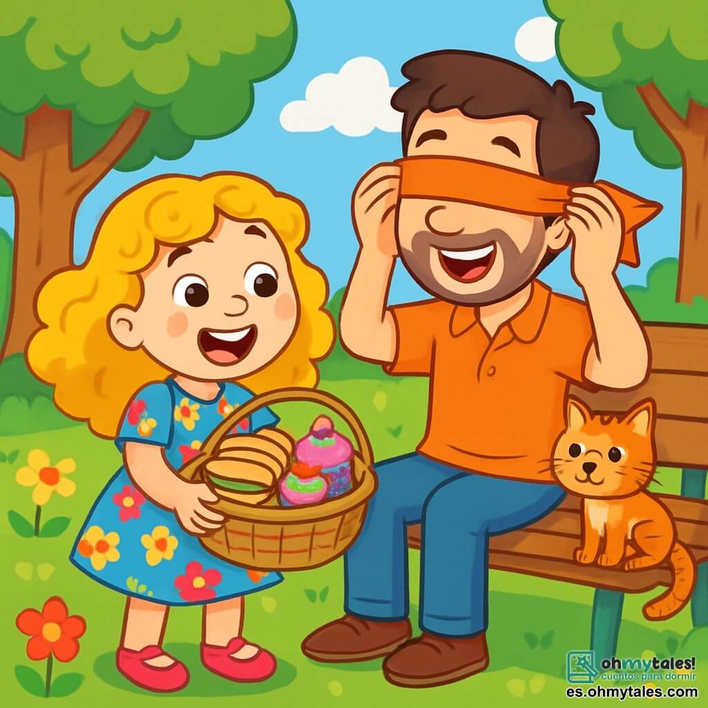 Una niña de 8 años, con hermosos cabellos rizados dorados y una gran sonrisa radiante de alegría, sostiene una cesta llena de deliciosos sándwiches y pasteles coloridos. Lleva un vestido de flores brillantes y zapatos rosas. A su lado, su papá, un hombre de unos 35 años con una ligera barba y ojos brillantes de felicidad, está deshaciendo un pañuelo que le cubre los ojos, descubriendo así la sorpresa. Ambos se encuentran en un parque verde, rodeados de maj árboles, flores vibrantes y un cielo azul con nubes blancas esponjosas. La situación principal muestra a la niña, llena de emoción, revelando su picnic sorpresa a su papá, mientras un pequeño gato atigrado, curioso, los observa desde un banco cercano.