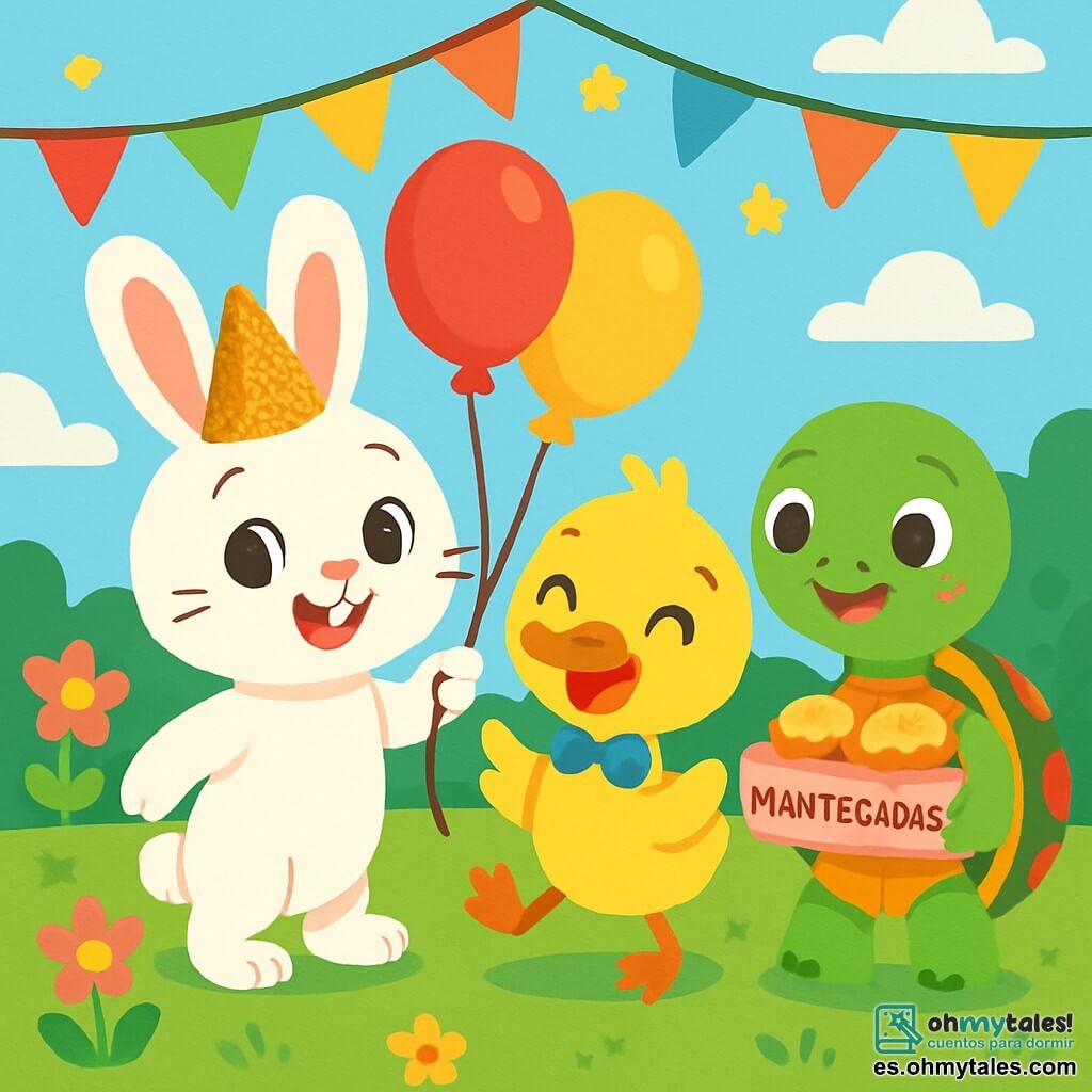 Lucio, un pequeño conejo de grandes orejas y pelaje blanco, sonríe con ojos brillantes de emoción. Lleva un sombrero brillante y sostiene globos coloridos con sus patas. A su lado, Pablo, un pato con plumaje amarillo brillante y pajarita azul, baila alegremente, con sus ojos redondos brillando de felicidad. Tina, una tortuga con un caparazón verde decorado con patrones coloridos, sonríe sosteniendo una caja de mantecadas, junto a Lucio. El fondo muestra un prado soleado, decorado con guirnaldas brillantes y flores vibrantes, bajo un cielo azul claro. La escena representa la fiesta de Año Nuevo, donde todos los amigos animales se reúnen para celebrar, rodeados de risas y música alegre.