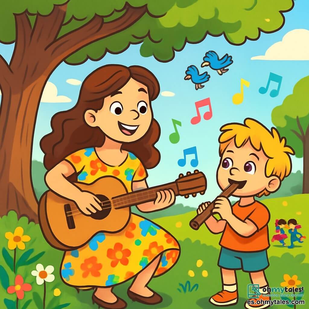 Clara, una mujer de cabello largo y rizado de color castaño, sonríe alegremente mientras toca su guitarra bajo un gran roble. Lleva un vestido colorido con flores que danza con el viento, y sus ojos brillan de emoción. A su lado, Lucas, un niño de cinco años con cabello rubio desordenado y una gran sonrisa, sostiene una pequeña flauta. Lo mira con admiración, listo para tocar su propia melodía. El lugar es un parque soleado, lleno de flores brillantes y árboles verdes, donde los niños juegan y los pájaros cantan. Los rayos del sol se filtran a través de las hojas, creando una atmósfera mágica. La escena principal muestra a Clara y Lucas tocando juntos, rodeados de risas y alegría, mientras notas musicales coloridas flotan a su alrededor, ilustrando la armonía y la magia de la música.
