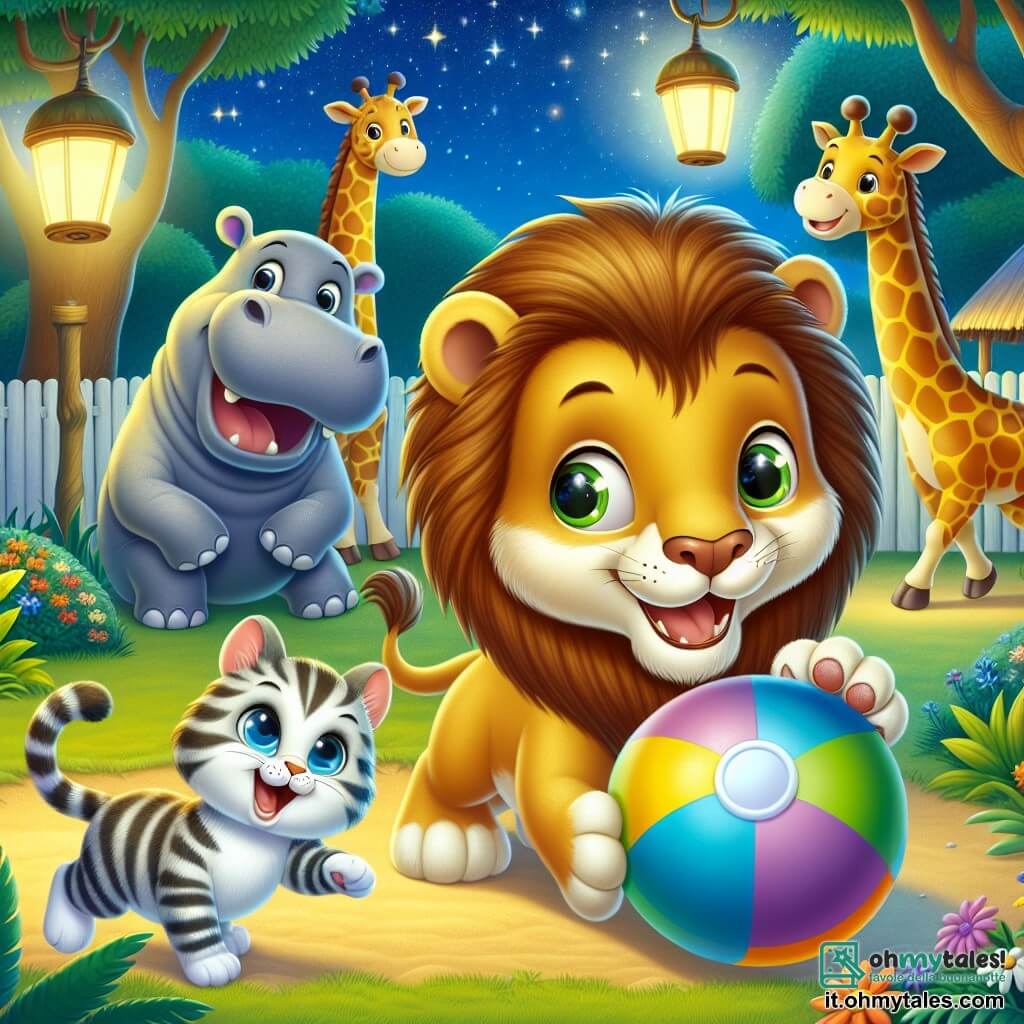 Un leone di nome Leonardo, con una criniera dorata e occhi pieni di curiosità, si trova al centro dell'immagine, sorridendo gioiosamente mentre gioca con una grande palla colorata. Accanto a lui, un piccolo gatto di nome Micio, con il pelo a strisce e occhi brillanti, corre dietro alla palla, mostrando un'espressione di eccitazione e felicità. Sullo sfondo, un ippopotamo paffuto, con la pelle grigia e un ampio sorriso, osserva la scena ridendo, mentre una grande giraffa dal lungo collo, con macchie dorate, si allunga per afferrare la palla. Il contesto è uno zoo animato, sotto un cielo stellato, con recinti illuminati dalla dolce luce della luna, alberi verdi e fiori colorati che aggiungono un tocco di magia alla scena. La situazione principale mostra Leonardo e i suoi amici che giocano insieme, ridendo e divertendosi, creando un'atmosfera gioiosa e amichevole, piena di cameratismo e avventure notturne.