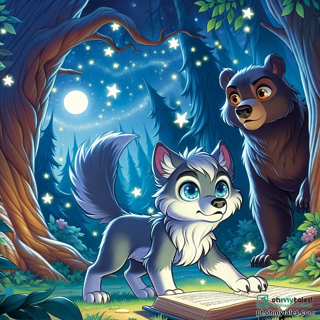 Um pequeno lobo chamado Luno, com um pelo prateado brilhando sob a luz da lua e olhos azuis cheios de curiosidade, está no centro de uma clareira encantada, sua expressão misturando medo e determinação enquanto olha para um livro antigo aberto à sua frente. Ao lado dele, um grande urso de pele marrom escuro, com olhos brilhantes como estrelas, observa Luno com uma expressão séria e benevolente, pronto para ajudá-lo a enfrentar seus medos. A clareira é cercada por árvores majestosas com troncos retorcidos, cujas folhas brilham sob a luz da lua, enquanto uma brisa leve faz as sombras dançarem ao redor deles. Luno, intrigado e um pouco assustado, se inclina em direção ao livro misterioso, pronto para descobrir as histórias assustadoras que podem mudar sua vida.