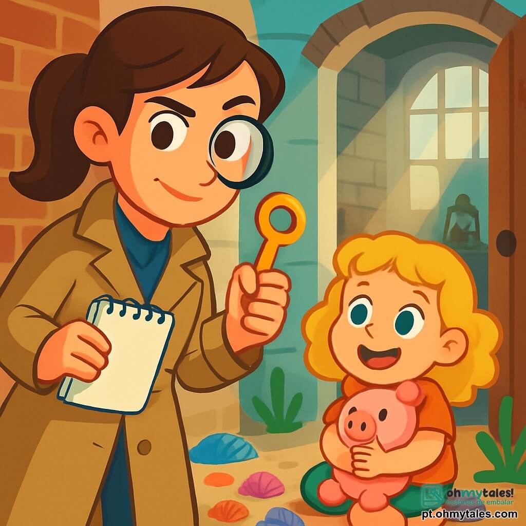 Uma mulher detetive, Ana, está no centro da imagem. Ela tem cabelos castanhos presos em um rabo de cavalo e usa um trench coat bege. Seu rosto expressa determinação e curiosidade, com olhos brilhantes e um leve sorriso. Ela segura uma chave dourada em uma mão e um caderno na outra, observando atentamente seu entorno. Ao lado dela está uma menina de oito anos, Sofia, com cabelos loiros cacheados e olhos azuis brilhantes. Ela está sentada no chão, cercada por conchas coloridas, segurando seu porquinho de pelúcia Caramelo contra si, com uma expressão de excitação no rosto. O cenário é de um velho farol, com paredes de tijolos brancos e uma grande porta de madeira entreaberta. Dentro, raios de luz filtram pelas janelas empoeiradas, iluminando objetos esquecidos e tesouros marinhos. A situação principal mostra Ana encontrando Sofia no farol, após seguir pistas, com um sentimento de alívio e alegria. Os dois personagens estão cercados por uma atmosfera de aventura e mistério, com elementos do mar como algas e conchas espalhadas ao redor deles.
