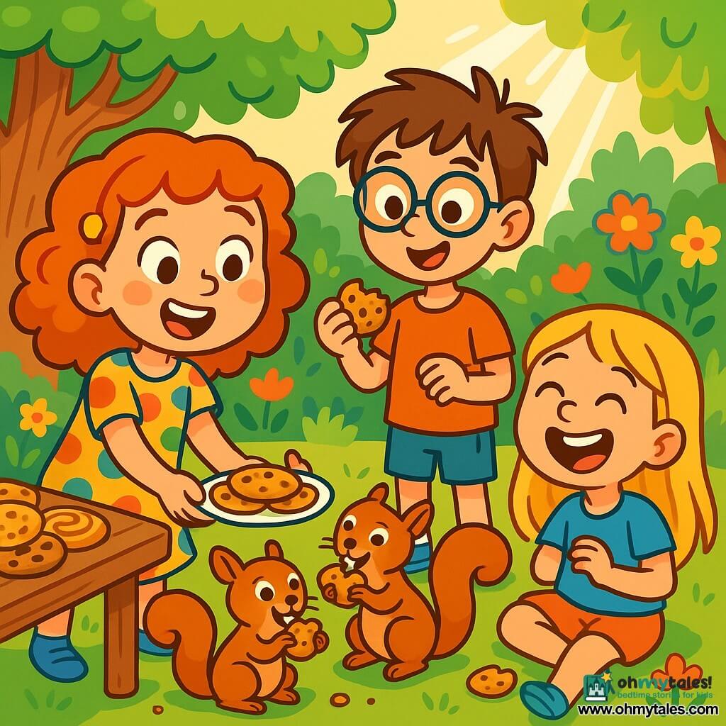 An 8-year-old girl, Rosie, with curly red hair, is wearing a colorful polka dot dress and has a big amazed smile on her face. She is extending a plate of cookies to mischievous squirrels in front of her, their eyes shining with curiosity. Next to her, her friend Tommy, an 8-year-old boy with round glasses and messy brown hair, watches the scene with an amused expression, holding a cookie in his hand. Lily, an 8-year-old girl with long blonde hair, is sitting on the ground, laughing heartily, surrounded by cookie crumbs. The scene takes place in Rosie’s sunny garden, filled with colorful flowers and a large tree with lush green foliage. A wooden table is covered with different kinds of cookies, and sunlight filters through the branches, creating a joyful and warm atmosphere. The main situation shows Rosie and her friends delightfully discovering the squirrels happily devouring the cookies, creating a playful and laughter-filled ambiance.