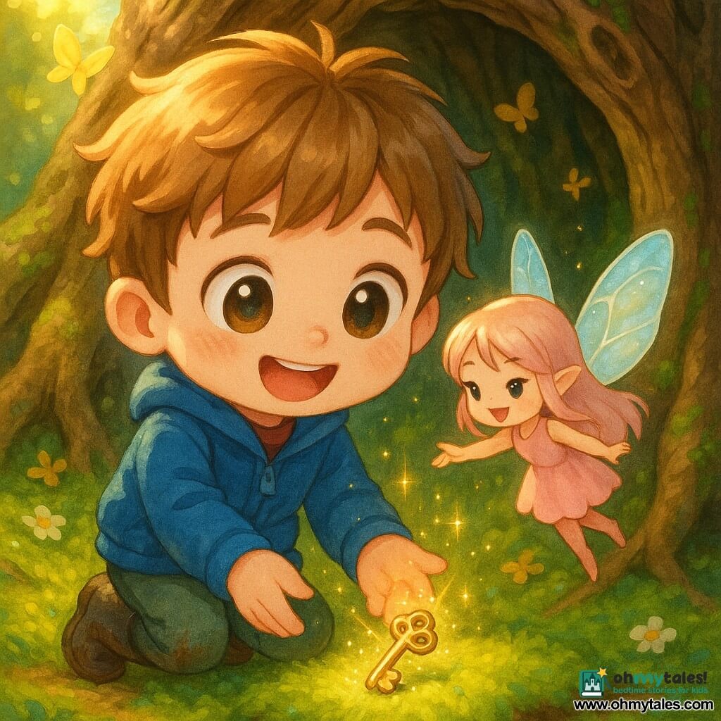 A 6-year-old boy with a round face, big bright eyes and a delighted smile, tousled light brown hair, wearing a blue jacket and muddy boots, kneels to pick up a small sparkling key on a bed of moss; a tiny fairy named Lily (hand-sized) with iridescent translucent wings and a pale pink dress hovers above the key, reaching toward the boy; a massive hollow oak with textured bark, curled roots and a moss-lined interior, with small flowers and yellow butterflies in sunbeams; the magical moment is shown with golden rays, floating sparkles, a warm mysterious atmosphere, composition centered on the glowing key in the boy’s hands, chibi kawaii style, bright contrasting colors, soft features and clean outlines.