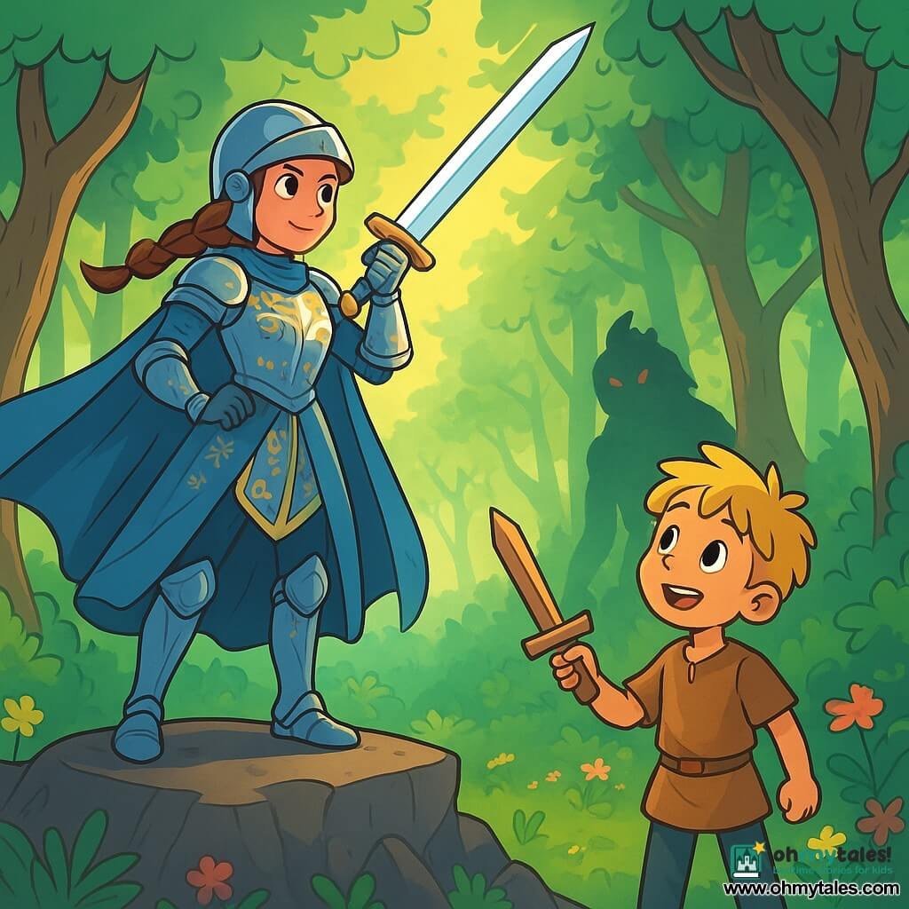 A knightess, Lady Aveline, stands proudly on a rocky promontory, her eyes shining with determination and courage. She wears sparkling armor adorned with floral patterns and a long blue cloak that billows in the wind. Her brown hair is braided under her helmet, and she wields a gleaming sword, ready to defend her kingdom. Beside her, a young boy named Tom, about 8 years old, looks at Aveline with admiration. He has messy blonde hair and wears a simple tunic, holding a small wooden sword toy, imitating the knightess with an amazed smile. The scene is set in the enchanted forest of Hollow Wood, where majestic trees with gnarled trunks rise to the sky, their bright green leaves filtering sunlight. Colorful flowers dot the ground, and a gentle breeze makes the branches dance. The main situation shows Aveline preparing to confront a mysterious enemy, a threatening shadow lurking among the trees, while Tom, full of hope, encourages her to move forward. The atmosphere is both magical and tense, with rays of light piercing through the foliage.