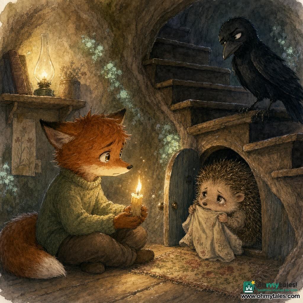 Milo, a young anthropomorphic red fox with bright hazel eyes and slightly tousled fur, sits on a worn wooden floor, face tense but determined, holding a trembling candle; Juniper, a glossy black crow, perches on the first stair with a tilted, mocking yet worried look; Thimble, a frail, dusty hedgehog, peeks from the small door under the stairs clutching a cloth like a blanket; the scene is a root-carved burrow hallway with mossy pale walls, an oil lamp on a shelf, a faded floral rug by the low door and dark stairs above; warm candlelight contrasts with deep shadows as the hidden door is cautiously opened after a long night, revealing dust motes, scratch marks on the wood, and mixed relief and apprehension on their faces.