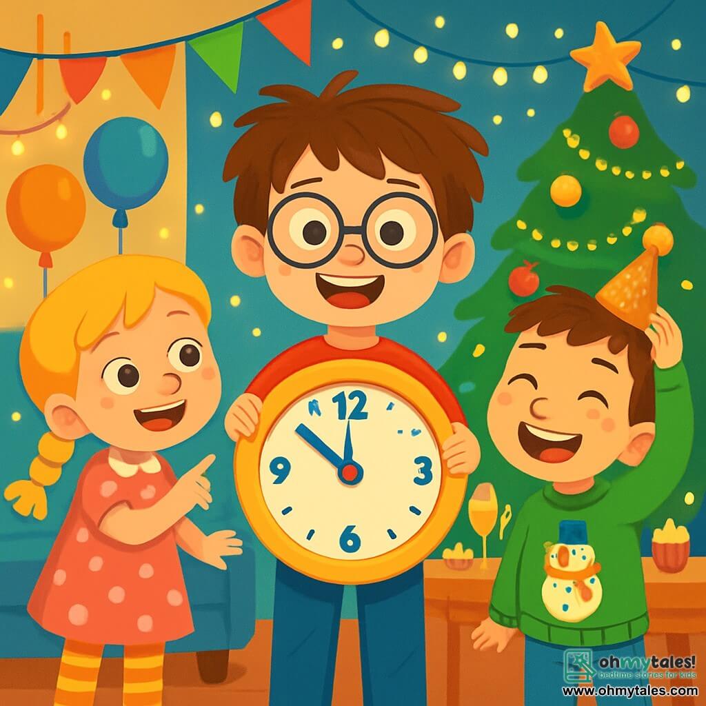 There are three characters: Tommy, a 7-year-old boy with messy brown hair and round glasses, wearing a red t-shirt with stars and blue pants, standing in the center holding a colorful clock that seems to dance; Sarah, a 7-year-old girl with braided blonde hair and a bright smile, wearing a pink polka dot dress and striped tights, to the left of Tommy, pointing at the clock in awe; and Billy, a 7-year-old boy with short brown hair and freckles, wearing a green sweater with a snowman design and jeans, to the right of Tommy, laughing and holding a sparkling party hat. The setting is a warm and festive living room decorated with colorful garlands and floating balloons, illuminated by twinkling lights, with a large table filled with delicious cakes and sparkling drinks. In the background, a Christmas tree is adorned with shiny ornaments and garlands. The main scene shows the three friends celebrating New Year's, surrounded by laughter and joy, eagerly waiting for the big clock to strike midnight, ready to make their fun resolutions.