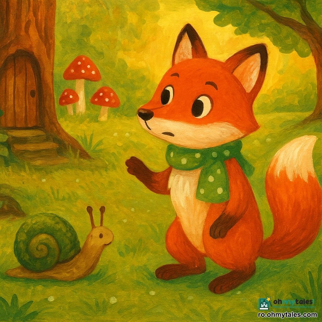O vulpe roșcată cu blană lucioasă portocalie și albă, ochi mari atenți, în picioare cu urechea aplecată înainte și o eșarfă mică verde cu buline, expresie hotărâtă și curioasă, ridicând o labă ca și cum ar căuta sau ar chema; un melc mic cu cochilie acoperită de mușchi, „pălărie” de mușchi, îndreptat spre vulpe și arătând direcția cu antena, lângă o rădăcină stânga; în fundal o poiană cu ciuperci roșii cu pete albe, iarbă umedă și picături de rouă, un pârâu argintiu șerpuitor la dreapta și un stejar bătrân gol cu scoarță texturată, o ușiță miniaturală și trepte acoperite de iederă aproape de vulpe; situația: vulpea caută un clopoțel mic pierdut, ascultă intens cu speranță, scena scăldată în lumina blândă a dimineții și culori calde și contrastante.