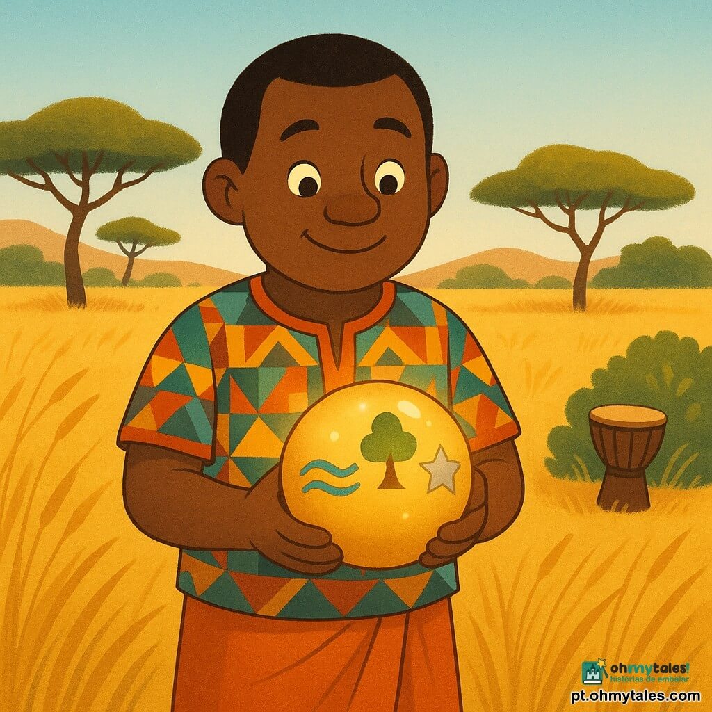 Kofi, homem adulto de rosto redondo e pele morena, cabelos curtos pretos, sorrindo e curioso, está de pé segurando uma cabaça redonda brilhante nas mãos; veste camisa colorida com padrões geométricos e um pagne laranja, postura voltada para o objeto. A cabaça, levemente luminosa, parece uma pequena lua dourada com três traços gravados visíveis: um sinuoso azul (rio), um verde em forma de árvore e um prateado em forma de estrela; repousa nas palmas de Kofi. Ao fundo, à direita sobre a erva, há um pequeno tambor de madeira escura com pele esticada, perto de um arbusto. Cena na savana pela manhã: capim alto dourado que ondula, alguns acácias, céu azul claro e colinas suaves ao horizonte; atmosfera de descoberta e mistério alegre, composição centrada em Kofi e na cabaça, cores quentes e contrastes definidos, estilo vetorial simples e legível para livro infantil.