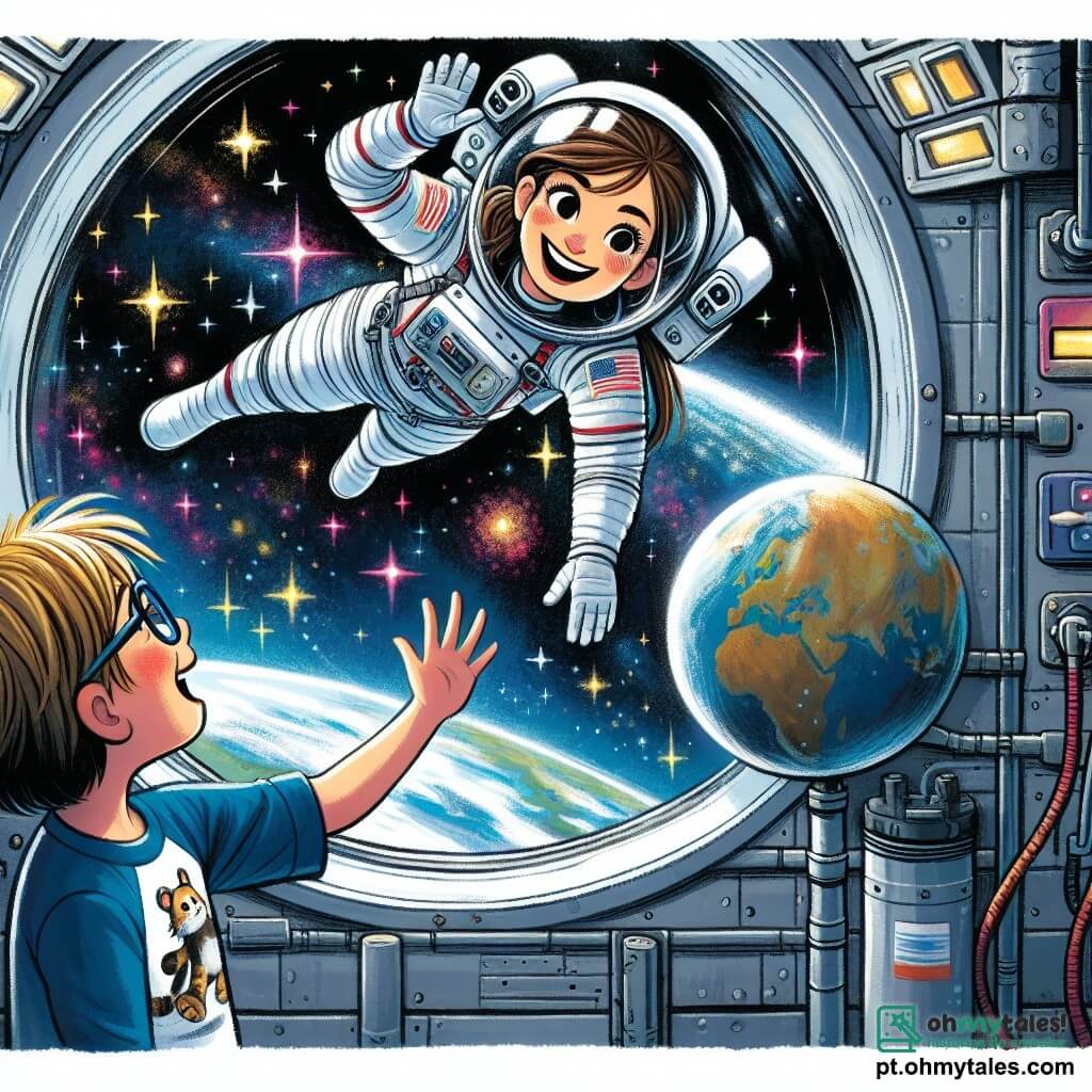 Uma astronauta, Ana, está suspensa no espaço, flutuando alegremente dentro da estação espacial. Ela é uma mulher de cabelos castanhos presos em um rabo de cavalo, vestindo um traje espacial branco e prateado, com um grande sorriso no rosto, encantada com a beleza das estrelas que observa através de uma grande janela. Do lado de fora da estação, um menino de 8 anos, com cabelo loiro e óculos, está em pé na Terra, levantando a mão para cumprimentar Ana. Ele usa uma camiseta azul com um foguete desenhado e tem um olhar maravilhado no rosto, sonhando em se tornar astronauta. A cena se passa na imensidão do cosmos, com estrelas brilhantes e planetas coloridos ao fundo, enquanto a estação espacial flutua pacificamente na escuridão do espaço. A situação principal mostra Ana, cheia de entusiasmo, explicando ao seu jovem amigo na Terra como ela explora as estrelas e os planetas, criando um momento de conexão mágica entre eles, apesar da distância.