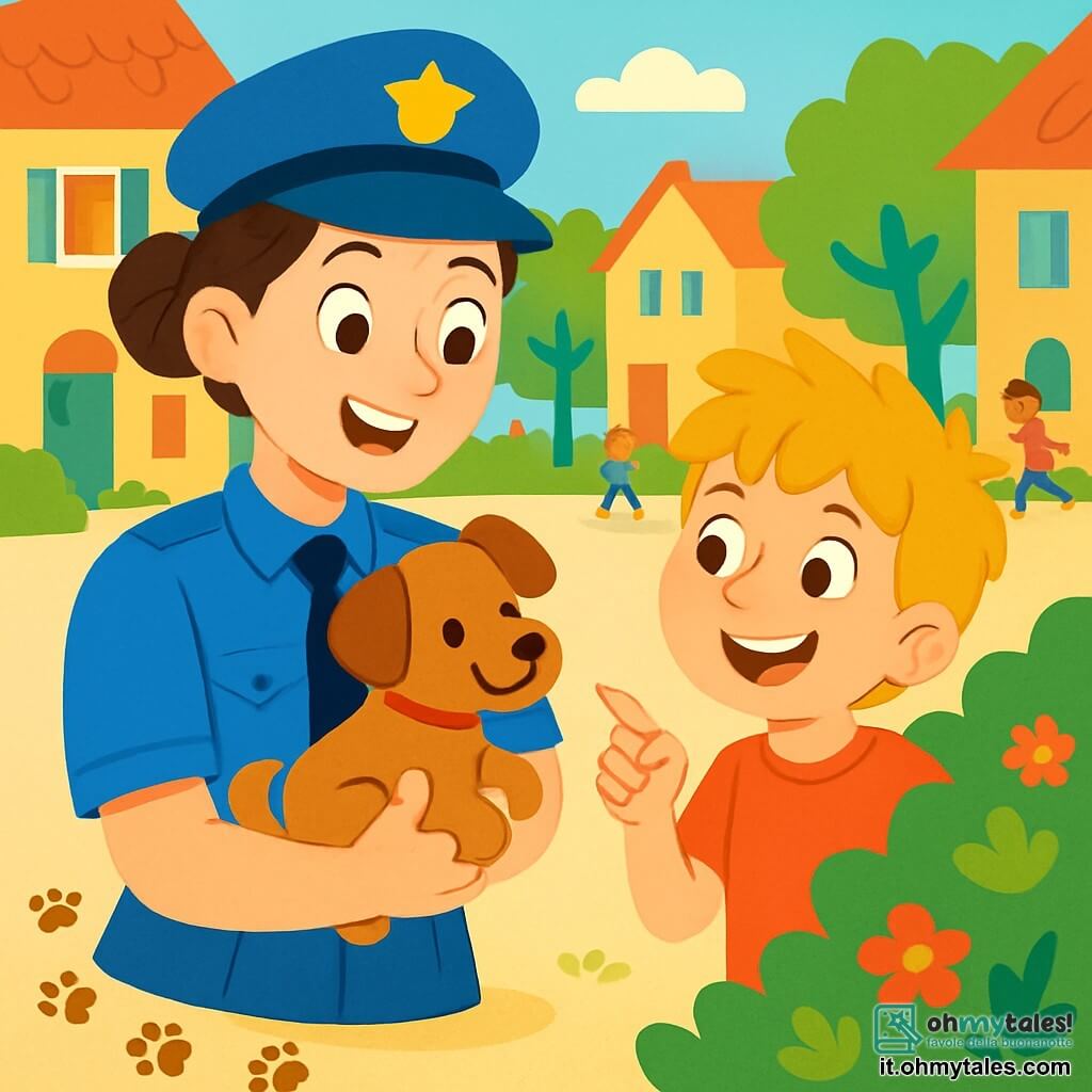Una poliziotta sorridente, Anna, è una donna di circa trent'anni, con i capelli castani raccolti in un chignon e un'uniforme blu vivace. Ha occhi brillanti di determinazione e tiene un cagnolino tra le braccia, guardandolo con tenerezza. Accanto a lei, un ragazzo di 8 anni di nome Luca, con i capelli biondi in disordine e una maglietta rossa, sorride con entusiasmo, indicando il cagnolino. La scena si svolge in un quartiere animato, con case colorate e finestre aperte, alberi verdi e bambini che giocano in lontananza. A terra, impronte di zampe di cane portano a un cespuglio fiorito dove il cagnolino era nascosto. La situazione principale mostra Anna e Luca che celebrano la scoperta del cagnolino, circondati da gioia e amicizia, illustrando lo spirito di aiuto e avventura.