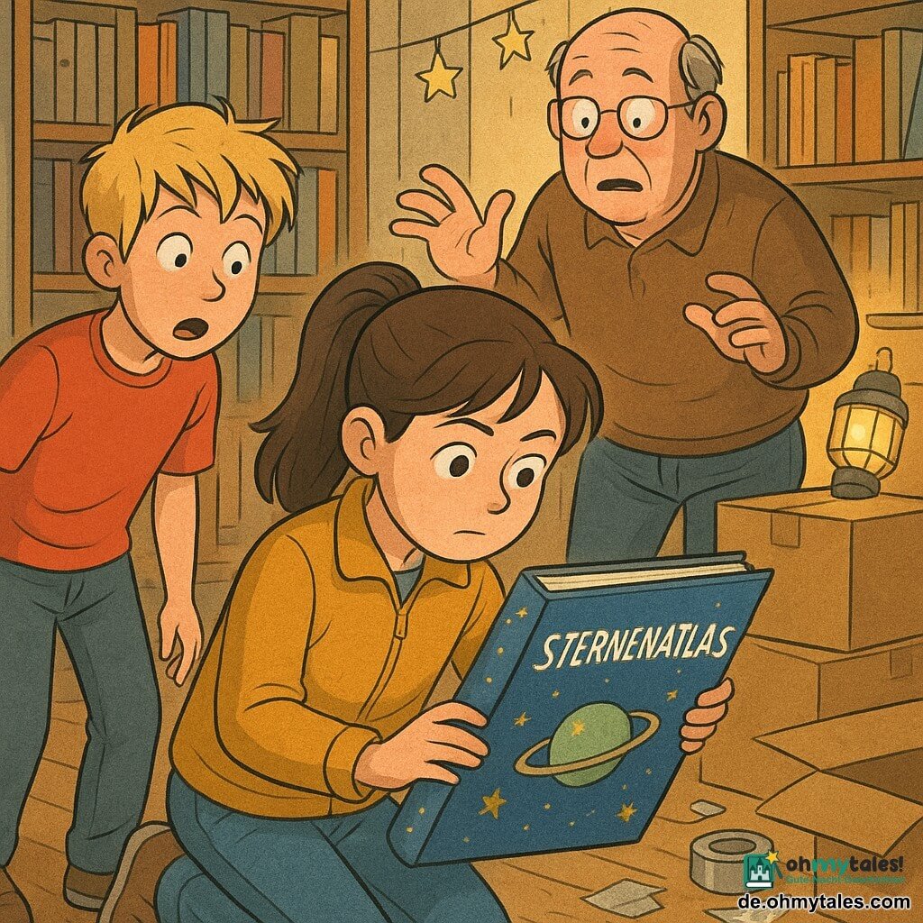 Mila, 10 Jahre alt, konzentriertes, ruhiges Gesicht, große Augen, braune Pferdeschwanzhaare, senfgelbe Jacke und Jeans, kniet vor einer offenen Kiste und hält behutsam einen großen blauen illustrierten Sternenatlas; Ben, etwa 10, überrascht mit offenem Mund, zerzauste blonde Haare, rotes T‑Shirt, steht links von ihr und beugt sich neugierig vor; Herr Riedel, etwa 60, gerötetes, verlegenes Gesicht, Arbeitshose und brauner Pullover, steht rechts hinter Kartons mit leicht erhobenen Händen und wirkt ertappt; Hintergrund: Hinterzimmer einer Bibliothek mit Holzregalen, gestapelten Kartons, einer Papierstern-Girlande und einer warmen Werkstattlampe; Szene: Entdeckung des Buches auf einem Tisch, kleine Sterne markieren einen Weg, geheimnisvoll und beruhigend, dynamische Komposition mit nahen Figuren, klare Konturen, sanfte helle Farben und sichtbare Papier‑ und Holztexturen, leicht überzeichnete, liebenswerte Mimik.