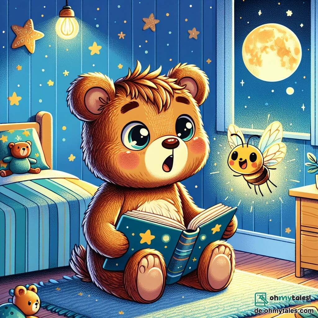 Ein kleiner brauner Bär mit weichem Fell und runden, neugierigen Augen sitzt auf seinem Bett mit gekreuzten Pfoten und zeigt einen Ausdruck von Überraschung und Staunen. Er hält ein offenes Buch auf seinen Knien und schaut fasziniert die bunten Illustrationen des Mondes und der Sterne an. Neben ihm fliegt eine kleine Glühwürmchen mit einem leuchtend gelben Körper und zarten Flügeln fröhlich durch das Zimmer und strahlt sanftes Licht aus. Sie hat ein freundliches Lächeln und scheint den kleinen Bären zu ermutigen, keine Angst mehr zu haben. Die Szene spielt sich im gemütlichen Zimmer des kleinen Bären ab, das mit blauen Wänden und Sternenmuster, einem weichen Teppich auf dem Boden und einem offenen Fenster, das das Licht des Mondes hereinlässt, dekoriert ist. Kuscheltiere sind um ihn herum verstreut und schaffen eine warme, einladende Atmosphäre. Der kleine Bär, zunächst von der Dunkelheit erschreckt, beginnt zu lächeln, als er die Schönheit der Nacht durch sein Buch entdeckt, während die Glühwürmchen den Raum mit ihrem sanften Licht erhellt und die Angst in Staunen verwandelt.