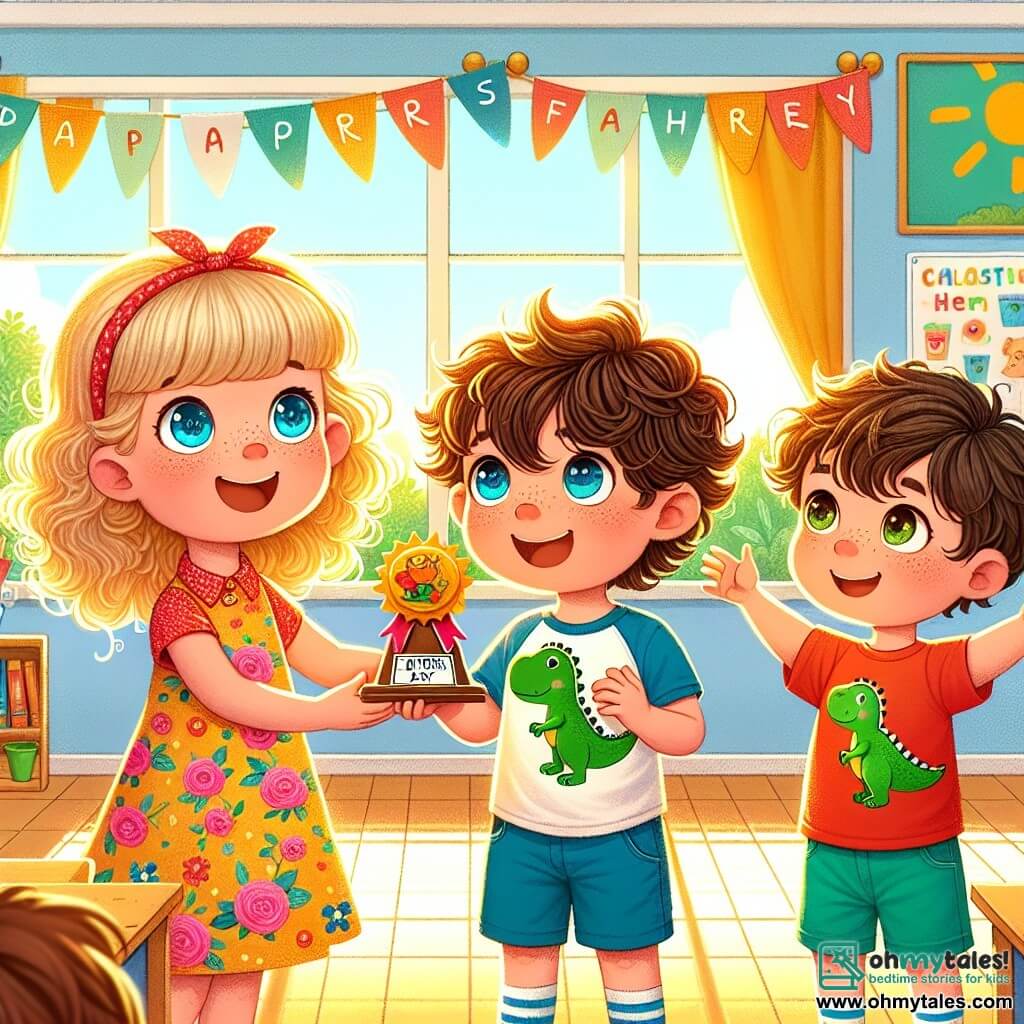 There are three main characters: 

1. **Lily** (girl, 8 years old): She has long, curly blonde hair that shines in the sun and sparkling light blue eyes filled with excitement. She wears a colorful flower dress and holds a homemade trophy with a dinosaur on top in her hands.

2. **Max** (boy, 8 years old): He has messy brown hair and a big smile. He wears a red t-shirt and blue shorts. He stands next to Lily, enthusiastically pointing at the trophy, his eyes wide with joy.

3. **Tommy** (boy, 4 years old): He has chestnut hair and a round, cheerful face. He wears a yellow t-shirt with a dinosaur on it and looks at the trophy with admiration, arms raised as if he wants to touch it.

The scene takes place in a colorful classroom filled with decorations for Father's Day: paper garlands, children's drawings hanging on the walls, and tables covered with handmade gifts. Sunlight filters through the windows, illuminating the room with a warm glow.

The main situation shows Lily and Max, both smiling, proudly presenting the trophy to their classmates, while Tommy, in awe, stands beside them with shining eyes. Other children surround them, clapping and laughing, creating a joyful and festive atmosphere.