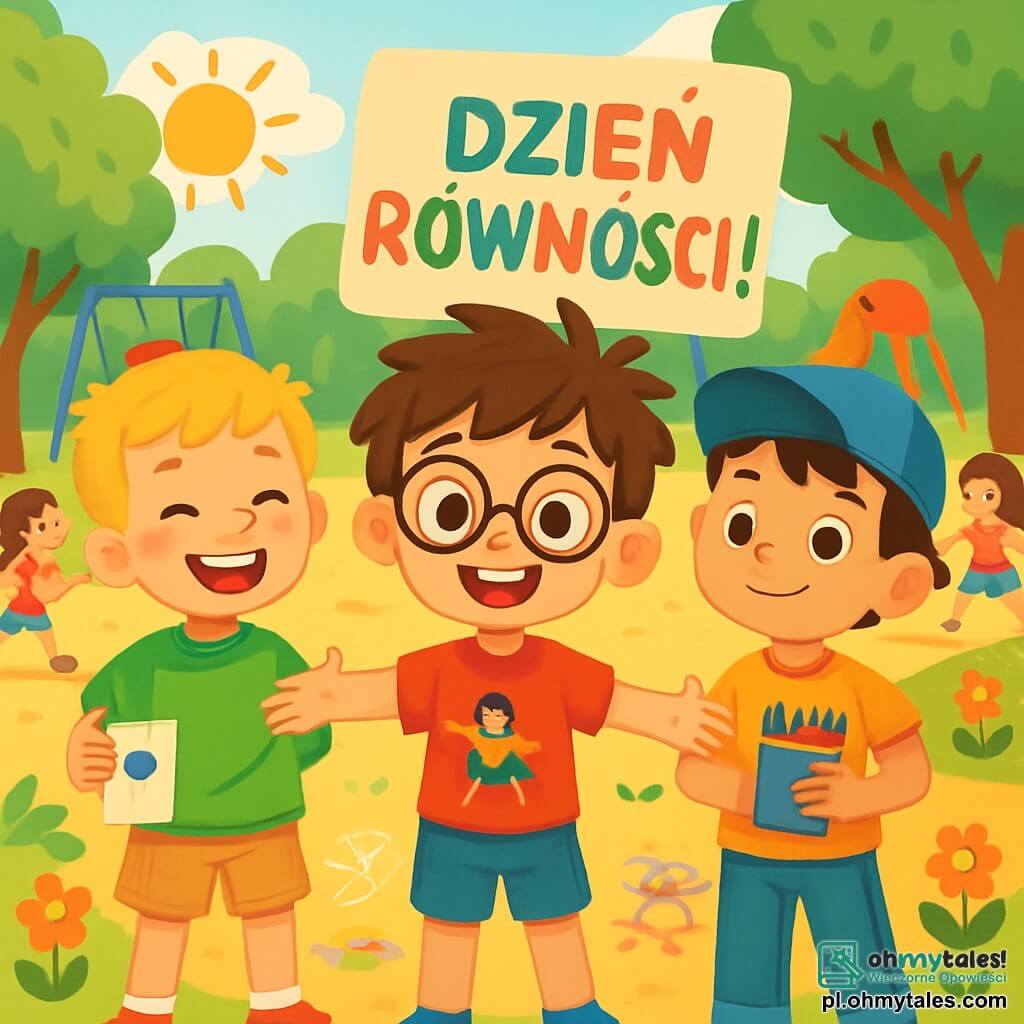 Na obrazku są 3 postacie: Kuba, ośmioletni chłopiec z brązowymi, rozczochranymi włosami i okrągłymi okularami, w czerwonej koszulce z rysunkiem superbohatera i niebieskich szortach, stoi na środku z uśmiechem, otwartymi ramionami, gotowy przyjąć przyjaciół. Bartek, również ośmioletni, z blond włosami i piegami, w zielonej koszulce i beżowych szortach, stoi po lewej stronie Kuby, trzymając dużą, kolorową tabliczkę z napisem "Dzień Równości!". Michał, ośmioletni chłopiec z czarnymi włosami i niebieską czapką na odwrót, w pomarańczowej koszulce i dżinsach, stoi po prawej stronie Kuby, trzymając pudełko z kredkami, gotowy do rysowania. Miejsce akcji to duży, słoneczny plac zabaw otoczony zielonymi drzewami i kolorowymi kwiatami, z piaskiem na ziemi oraz widocznymi huśtawkami i zjeżdżalnią w tle. Dzieci bawią się radośnie, biegając i śmiejąc się, podczas gdy Kuba, Bartek i Michał organizują gry dla wszystkich, otoczeni kolegami z klasy, chłopcami i dziewczynkami, którzy uczestniczą w różnych aktywnościach, ilustrując ducha równości i przyjaźni.