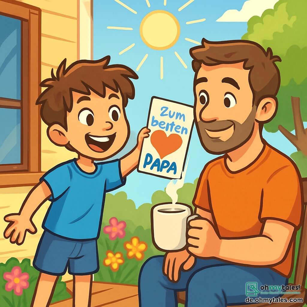 Ein 10-jähriger Junge, Tim, mit zerzausten braunen Haaren und strahlenden Augen, hält eine bunte Karte in einer Hand und einen dampfenden Kaffee in der anderen. Er trägt ein leuchtend blaues T-Shirt und eine Jeansshorts und zeigt ein großes, aufgeregtes Lächeln. Neben ihm sitzt sein Vater, ein etwa 40-jähriger Mann mit leicht grauen, kastanienbraunen Haaren und einem gut gepflegten Bart, stolz auf die Karte schauend, auf einem Holzstuhl. Sie befinden sich auf der Veranda ihres Hauses, umgeben von bunten Blumen und einem klaren blauen Himmel, während Sonnenstrahlen die Szene erleuchten. Der Hauptmoment zeigt, wie Tim seinem Papa begeistert sein Geschenk zum Vatertag überreicht, was einen Moment der Zärtlichkeit und des gemeinsamen Glücks schafft.