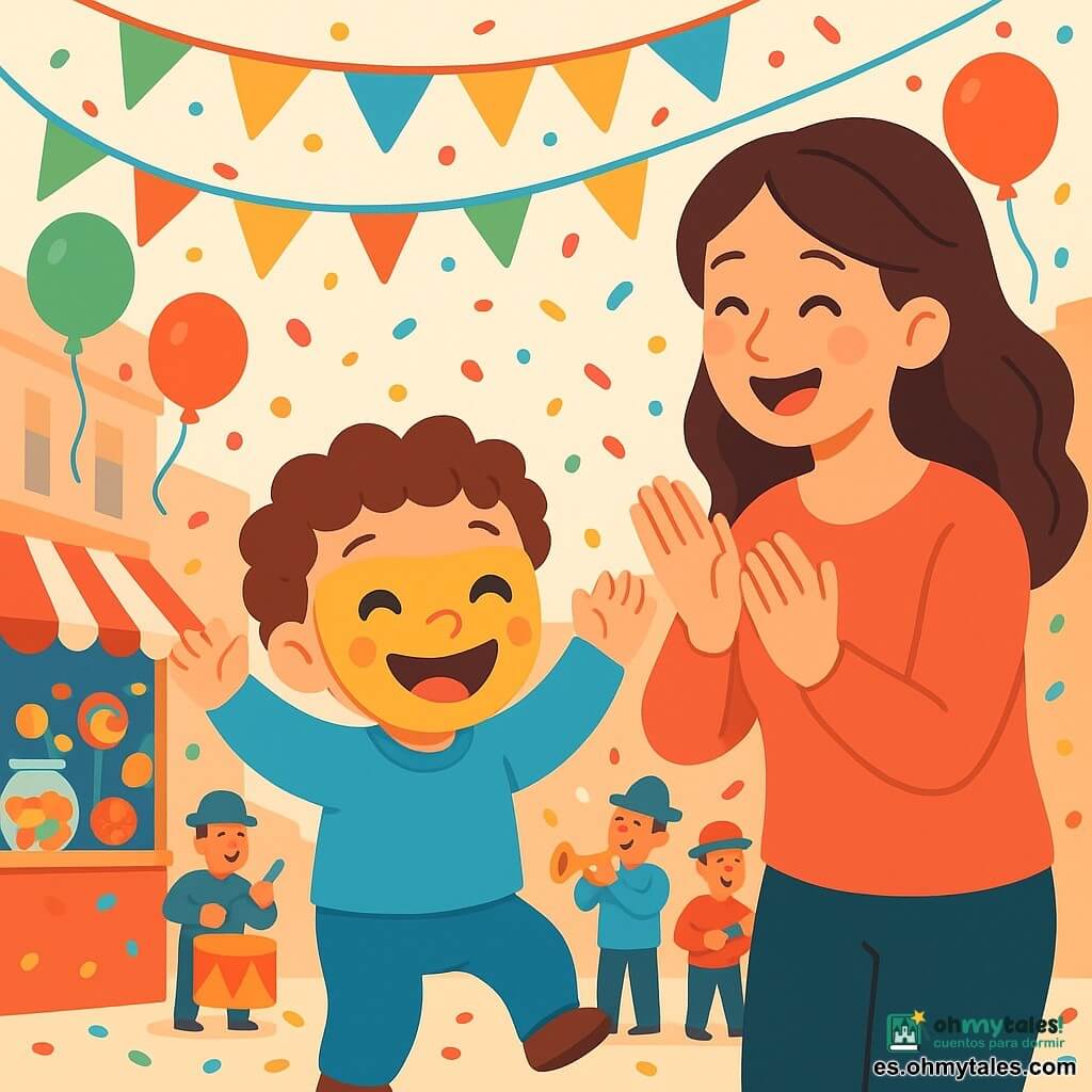 Un niño de 2 años, con cabello rizado y mejillas redondas, lleva un disfraz azul brillante y una gran máscara sonriente. Baila alegremente, con los brazos en alto y una gran sonrisa maravillada en su rostro. Su mamá, una mujer de unos 30 años, con cabello largo y castaño, lo anima aplaudiendo, de pie a su lado, radiante de orgullo. El carnaval se lleva a cabo en una calle animada, decorada con guirnaldas coloridas y globos flotantes, con puestos de golosinas y luces centelleantes. Los confetis multicolores caen del cielo, creando un ambiente festivo y alegre. El niño se divierte bailando al ritmo de la música pegajosa, rodeado de risas y colores brillantes, mientras un grupo de músicos toca tambores y trompetas, sumando a la emoción del momento.