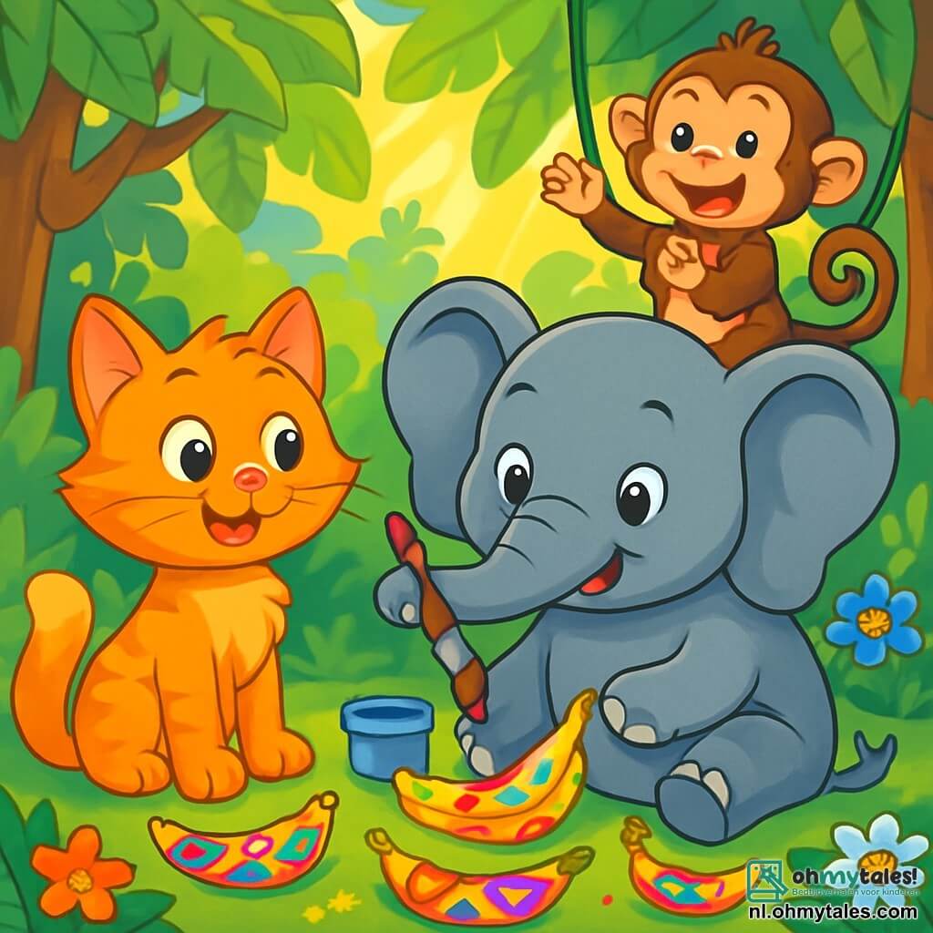 Een feloranje kat met sprankelende ogen en zijdezachte vacht staat in het midden van de scène, met een uitdrukking van nieuwsgierigheid en opwinding op zijn gezicht. Hij kijkt naar een blije olifant met een grijze huid en grote oren, die gekleurde bananenschillen met opvallende patronen aan het schilderen is. Naast hen applaudisseert een kleine aap met bruin haar en ondeugende ogen, hangend aan een liaan, enthousiast. De scène speelt zich af in een weelderige jungle, vol majestueuze bomen met glanzend groene bladeren, kleurrijke bloemen en zonnestralen die door het loof filteren. Op de grond liggen versierde bananenschillen met kleurrijke patronen verspreid, wat magie aan de omgeving toevoegt. De kat en de olifant creëren samen een vrolijk kunstwerk, omringd door lachen en kleuren, ter viering van hun vriendschap en creativiteit in deze betoverende setting.