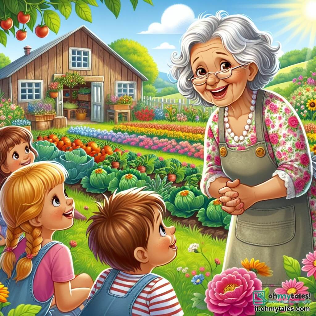 Una donna anziana, Nonna Rosa, con capelli argentati e un sorriso caloroso, si trova nel mezzo del suo giardino verdeggiante, circondata da fiori vivaci e verdure colorate. Indossa un vestito a fiori e un grembiule di tela, i suoi occhi brillano di gioia mentre racconta una storia ai bambini. Marco, un ragazzo di 8 anni con capelli castani disordinati e una maglietta a righe, ascolta attentamente, seduto sull'erba, con gli occhi spalancati per meraviglia. Giulia, una ragazza di 7 anni con trecce bionde e un vestito rosa, sorride ridendo, mentre Lila, una bambina di 6 anni con ricci rossi e una salopette di denim, si avvicina per ascoltare meglio. Il giardino è pieno di file di verdure verdi, fiori colorati e alberi da frutto, sotto un cielo blu punteggiato di nuvole bianche. Sullo sfondo si intravede un vecchio fienile in legno, che aggiunge un tocco rustico alla scena. Nonna Rosa, circondata dai bambini, racconta con passione le sue avventure in fattoria, mentre il sole splende, illuminando i loro volti gioiosi e curiosi.